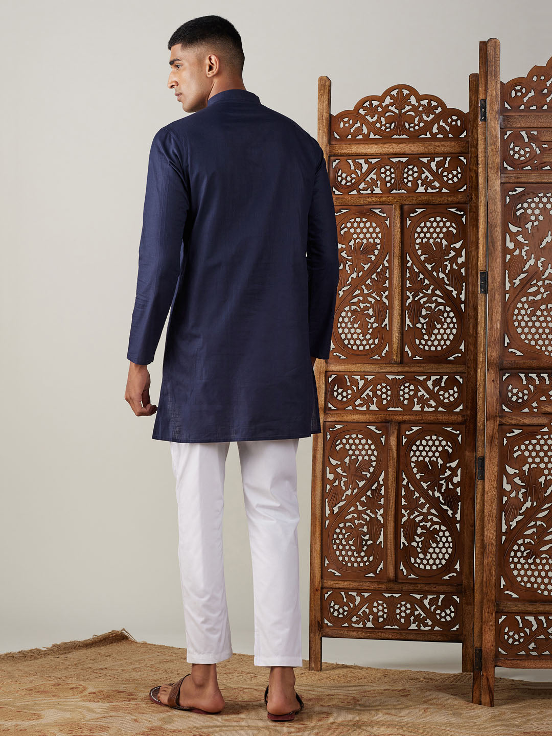 Men's Navy Blue Cotton Blend Straight Kurta Pyjama Set