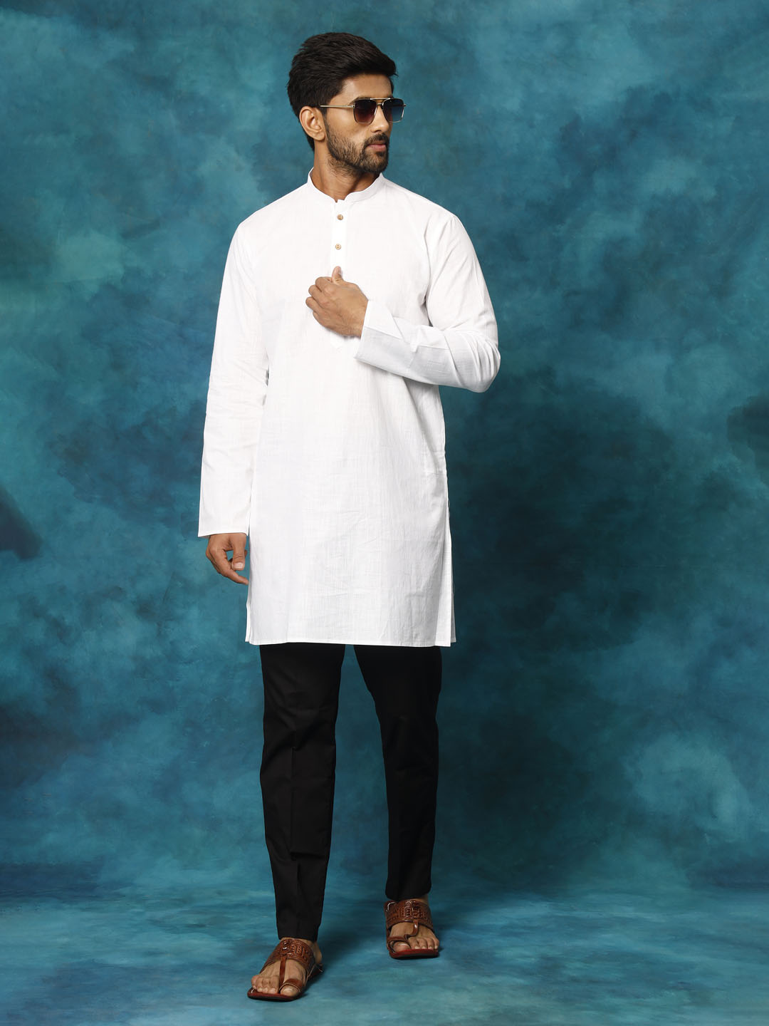 Men's White Cotton Blend Straight Kurta Pyjama Set