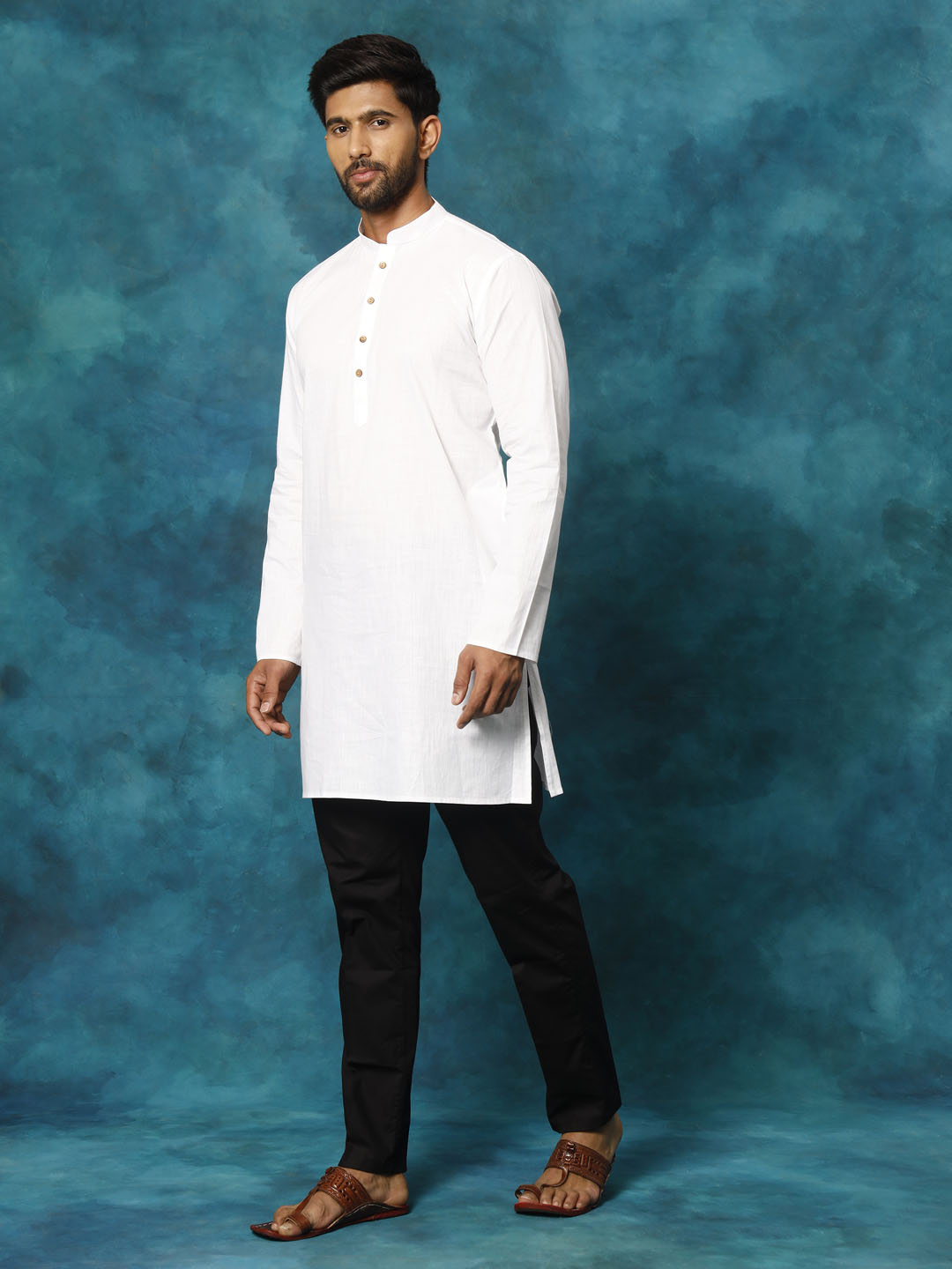Men's White Cotton Blend Straight Kurta Pyjama Set