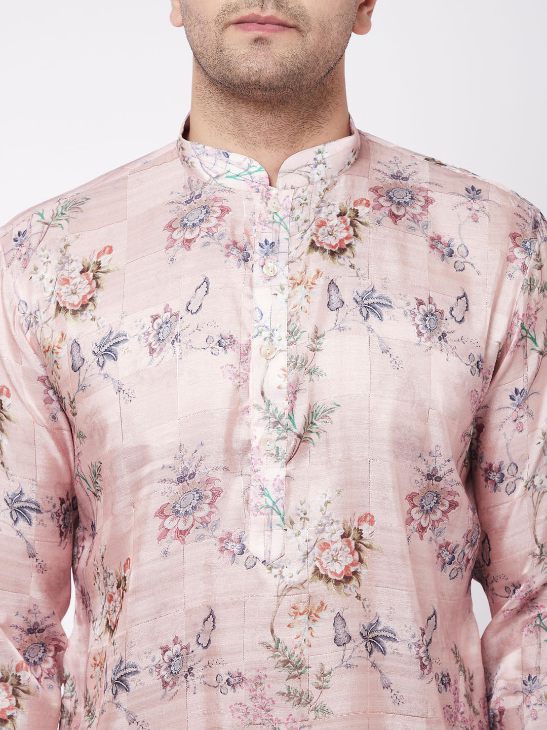 Men's MulticolorBasePink Cotton Blend Straight Kurta Pyjama Set