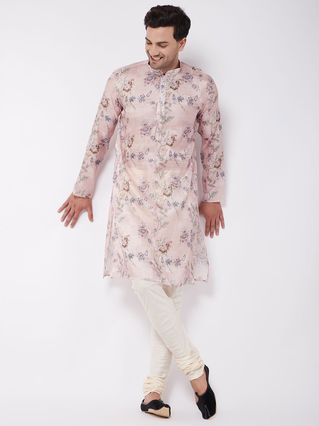 Men's MulticolorBasePink Cotton Blend Straight Kurta Pyjama Set