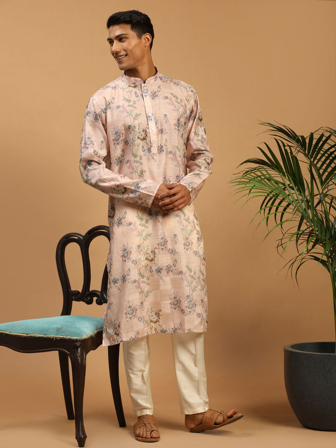 Men's MulticolorBasePeach Cotton Blend Straight Kurta Pyjama Set
