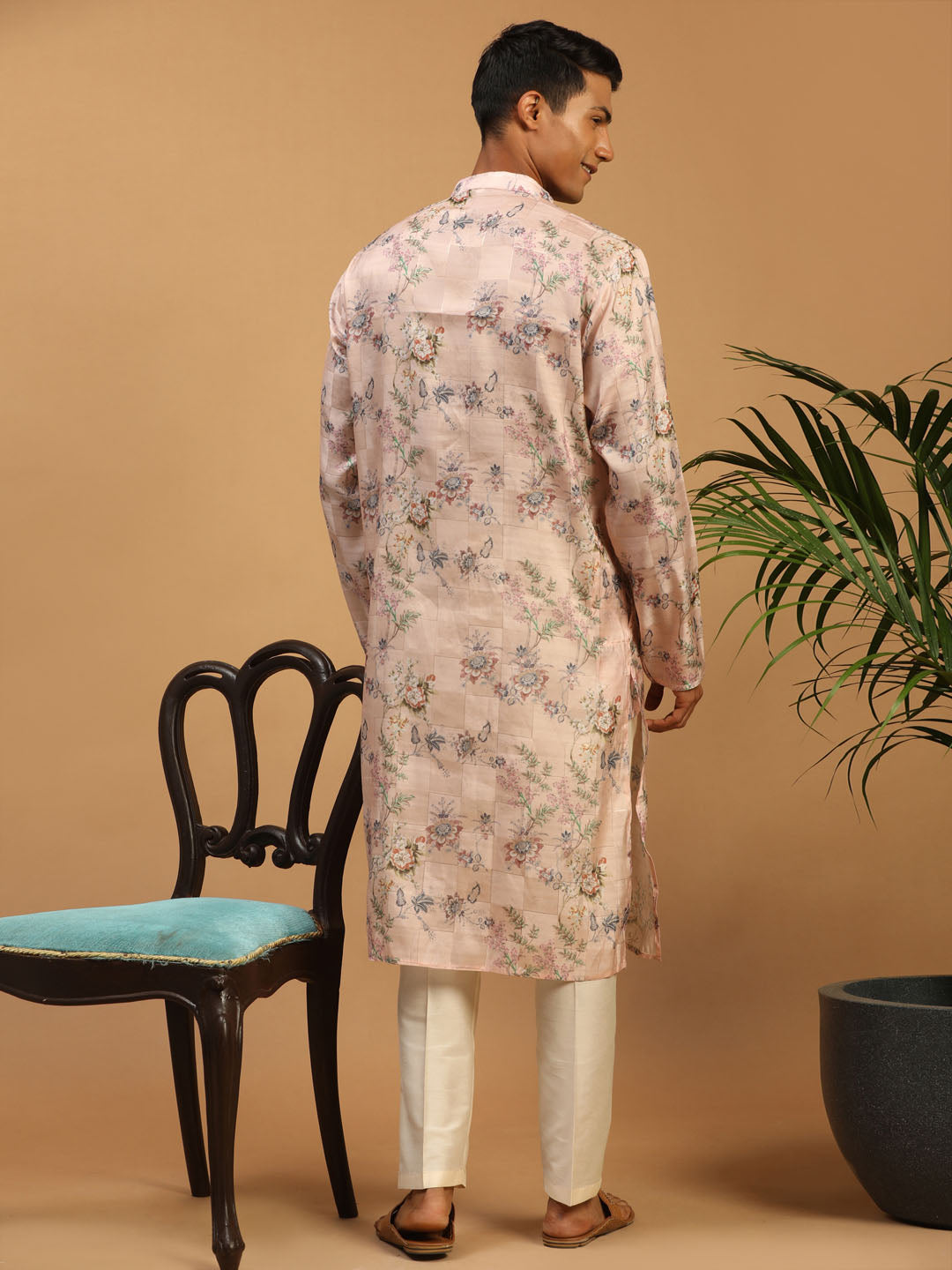 Men's MulticolorBasePeach Cotton Blend Straight Kurta Pyjama Set