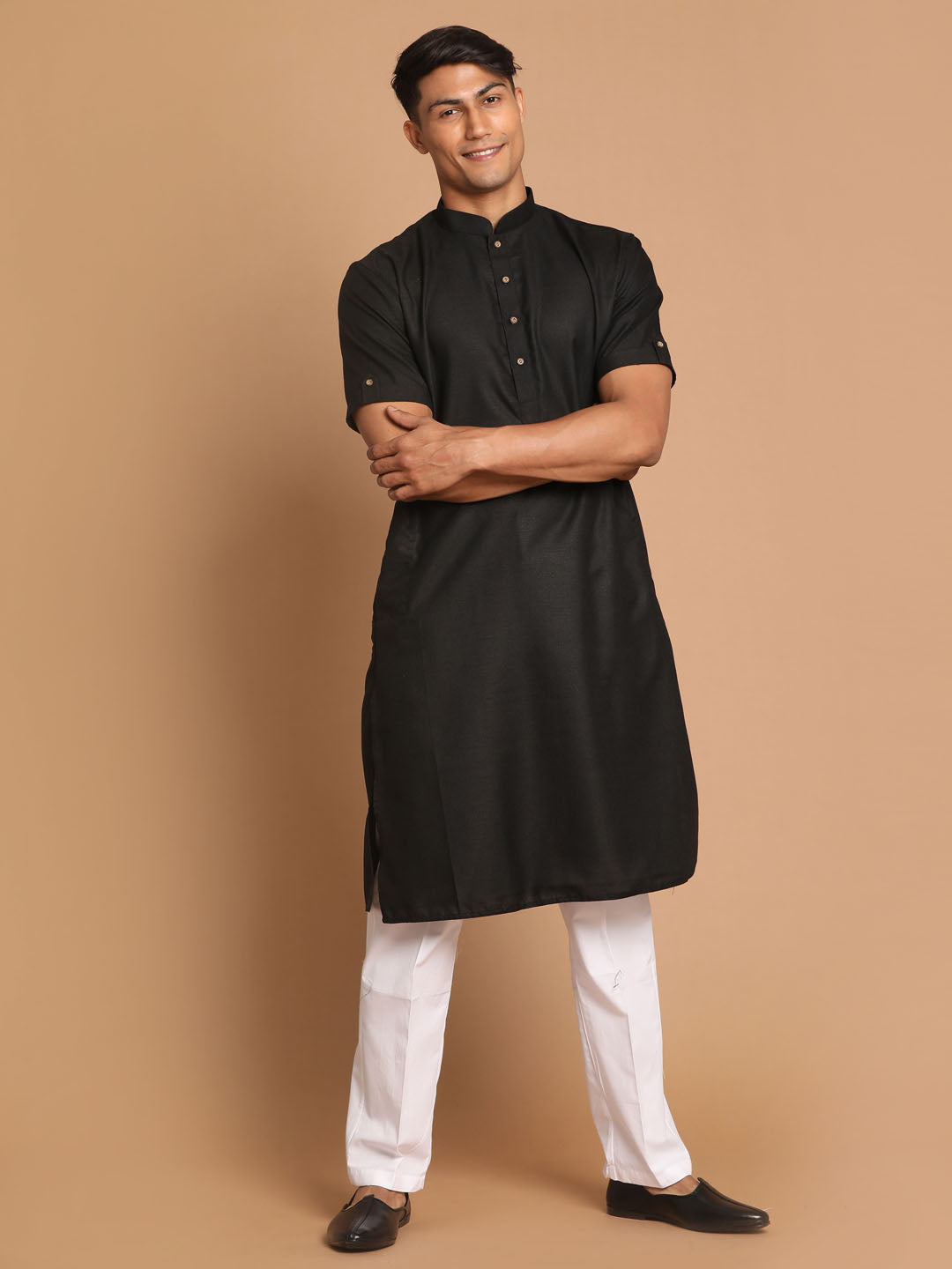 Men's Black Cotton Blend Straight Kurta Pyjama Set