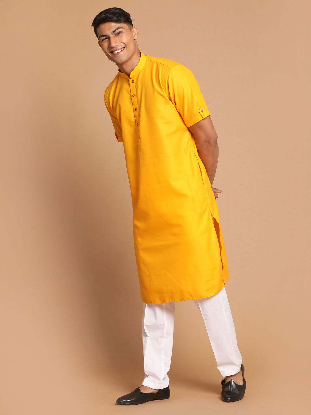 Men's Mustard Cotton Blend Straight Kurta Pyjama Set