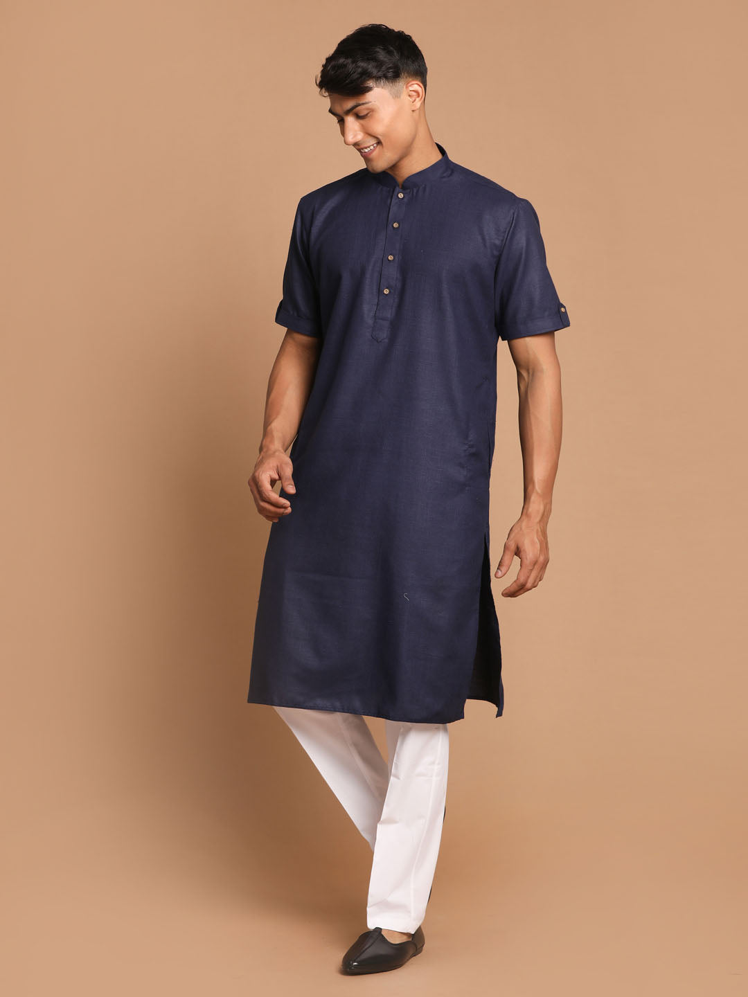 Men's Navy Blue Cotton Blend Straight Kurta Pyjama Set