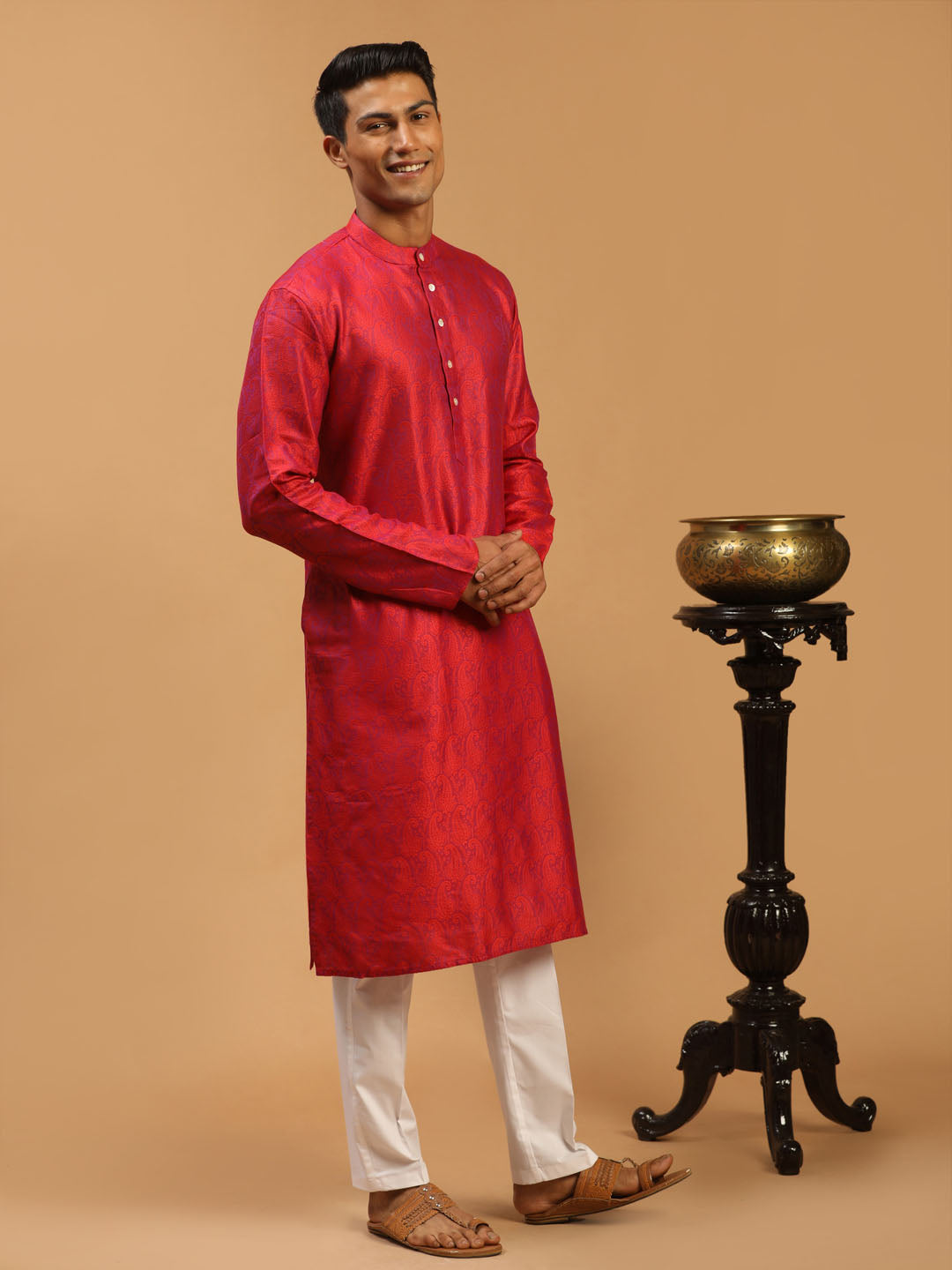 Men's Red Silk Blend Straight Kurta Pyjama Set
