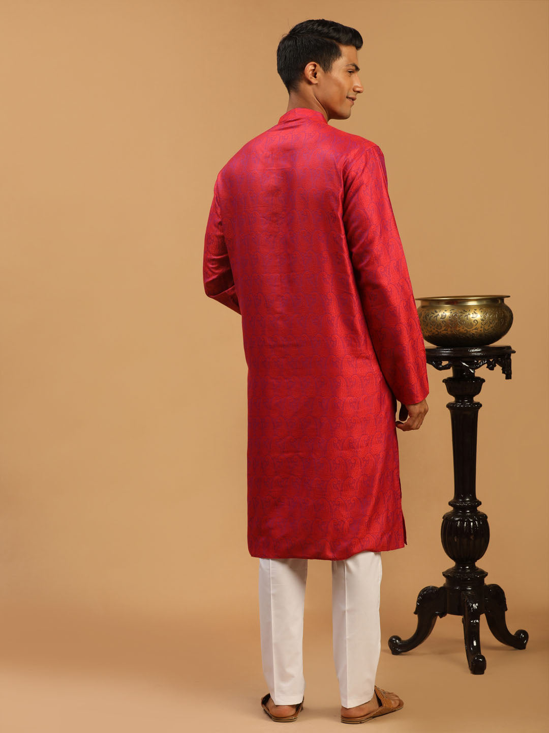 Men's Red Silk Blend Straight Kurta Pyjama Set