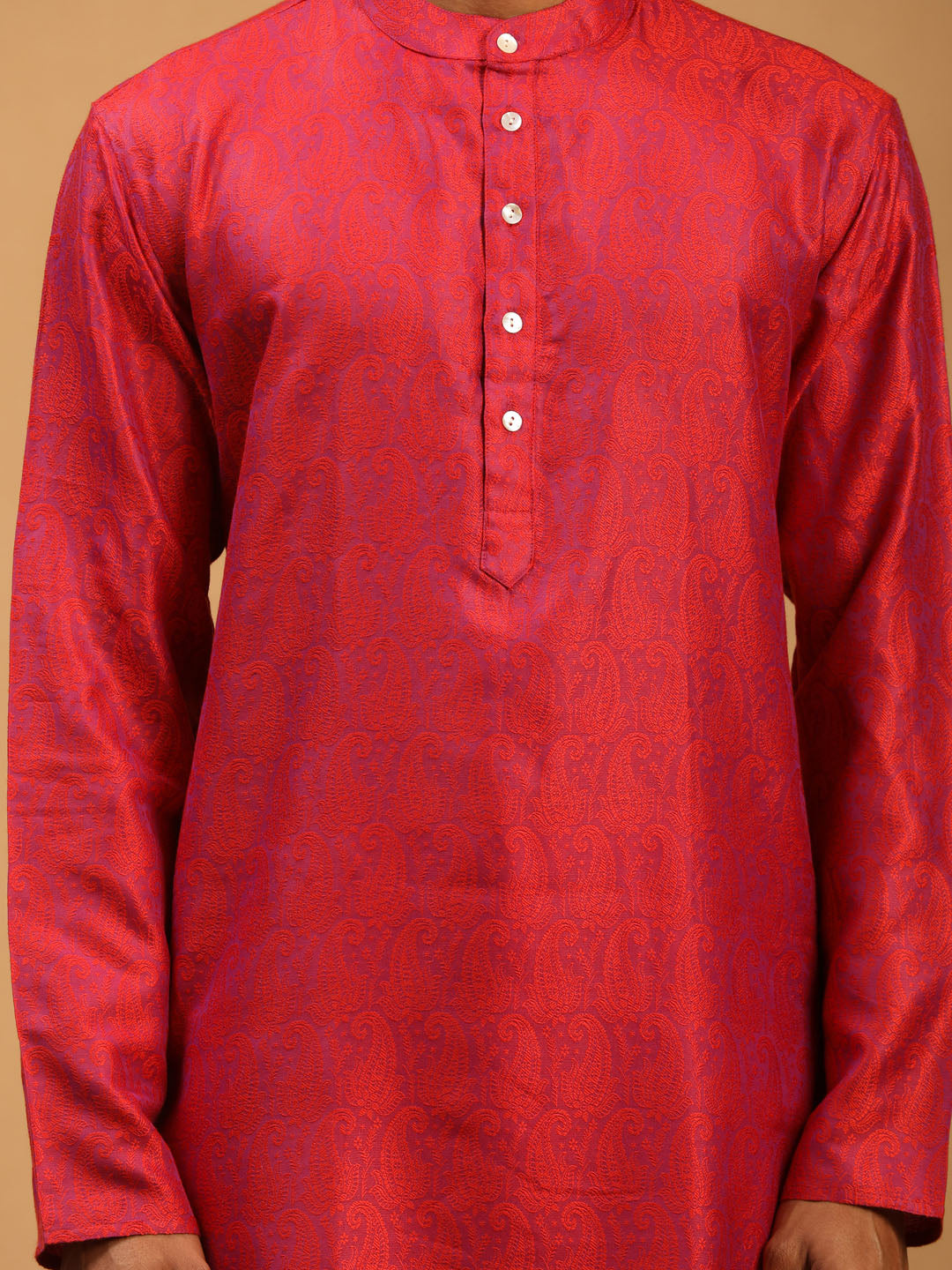 Men's Red Silk Blend Straight Kurta Pyjama Set