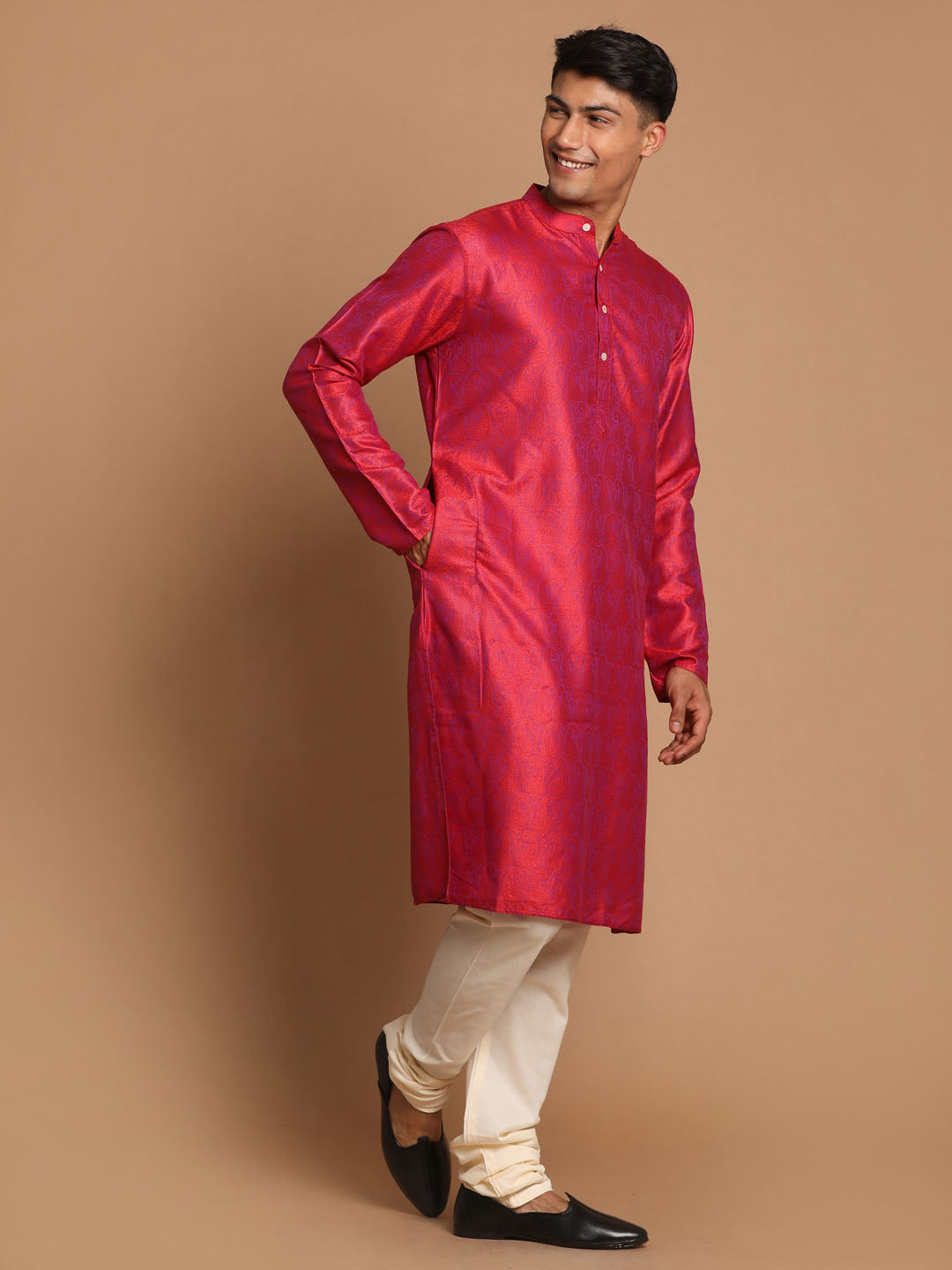 Men's Red Silk Blend Straight Kurta Pyjama Set