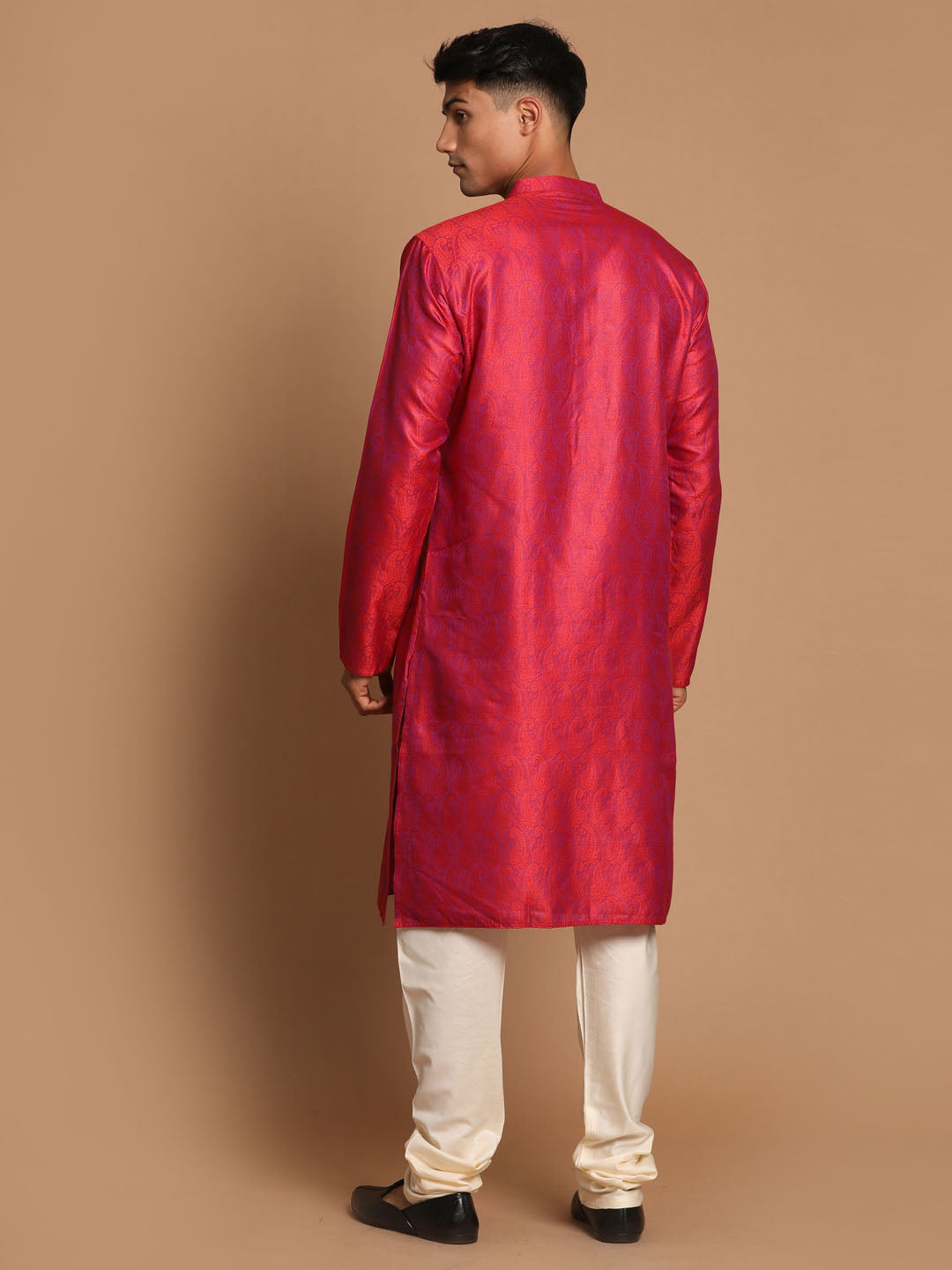 Men's Red Silk Blend Straight Kurta Pyjama Set