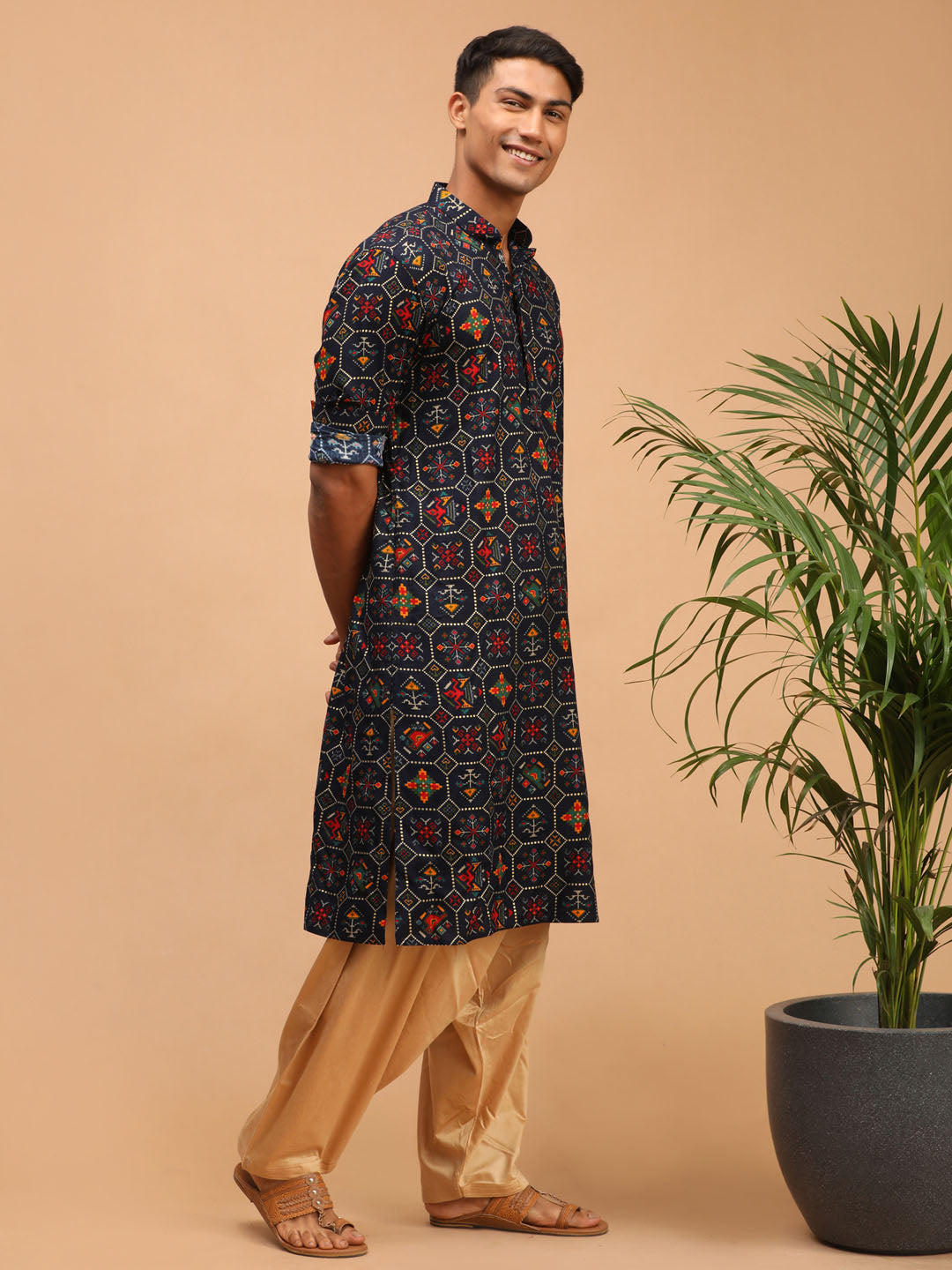 Men's Blue Cotton Blend Pathani Kurta and Patiala Set