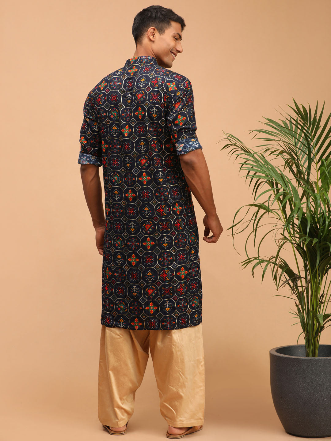 Men's Blue Cotton Blend Pathani Kurta and Patiala Set