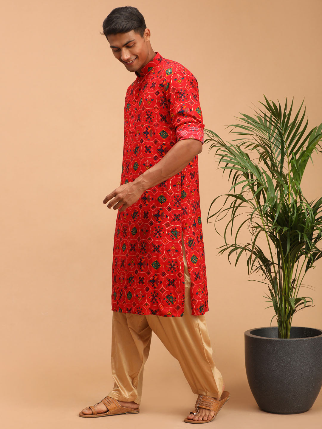 Men's Red Cotton Blend Pathani Kurta and Patiala Set