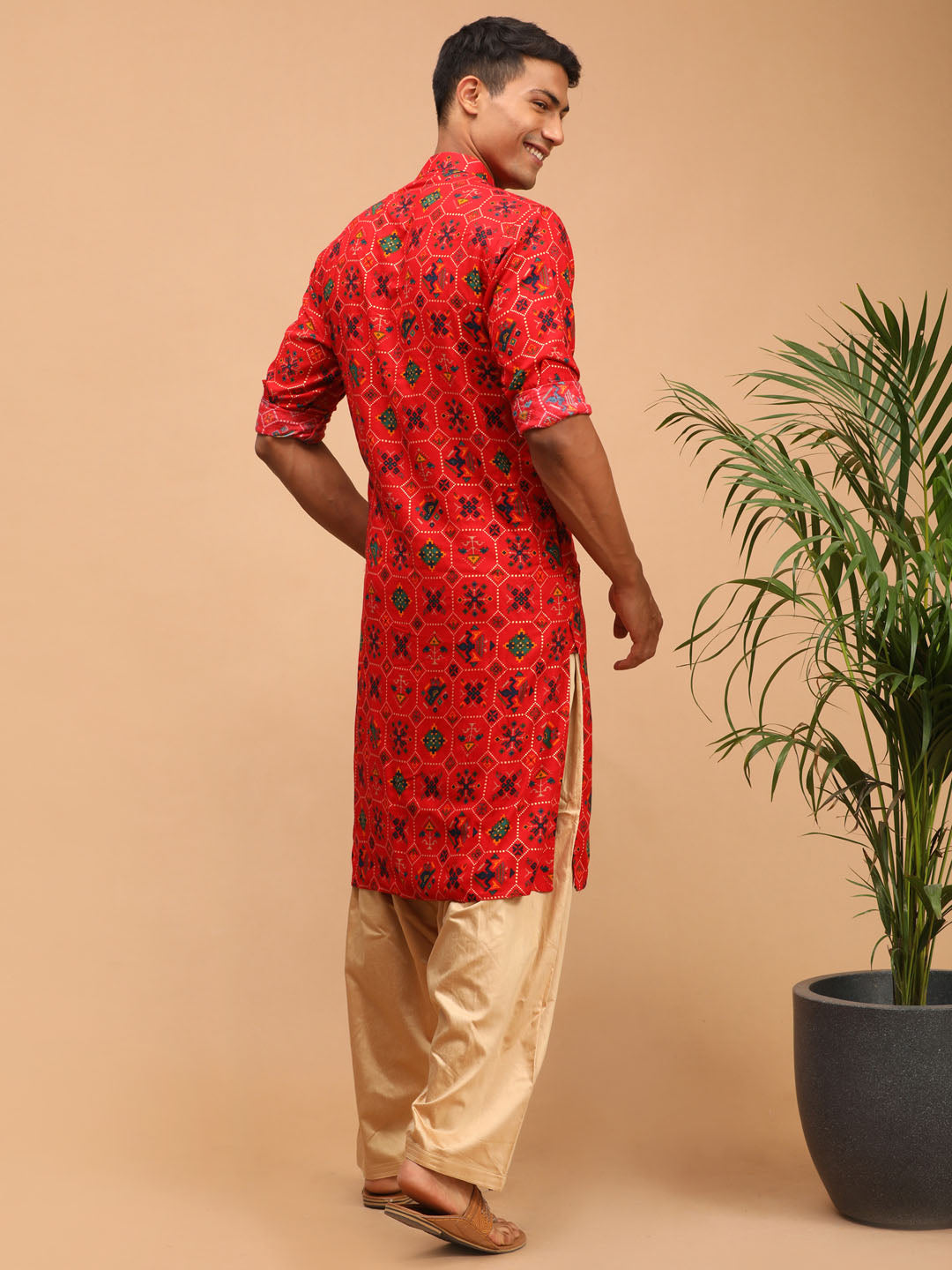 Men's Red Cotton Blend Pathani Kurta and Patiala Set