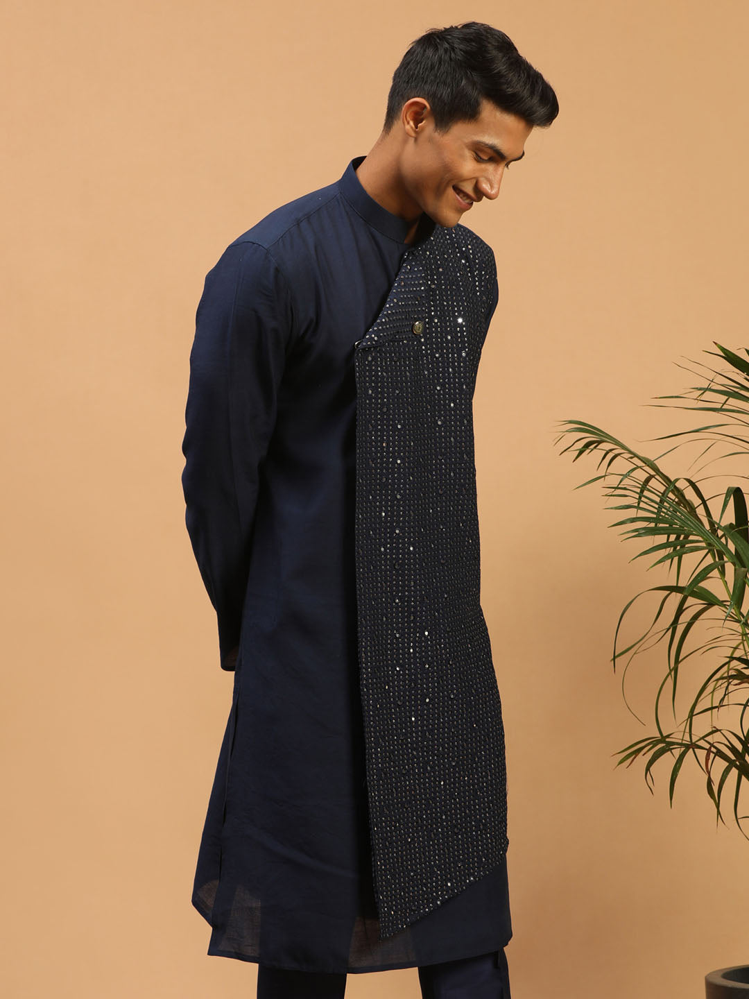 Men's Navy Blue Cotton Blend Straight Kurta