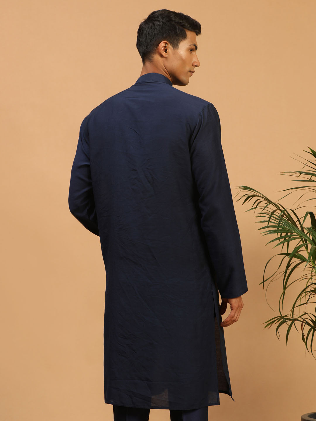 Men's Navy Blue Cotton Blend Straight Kurta