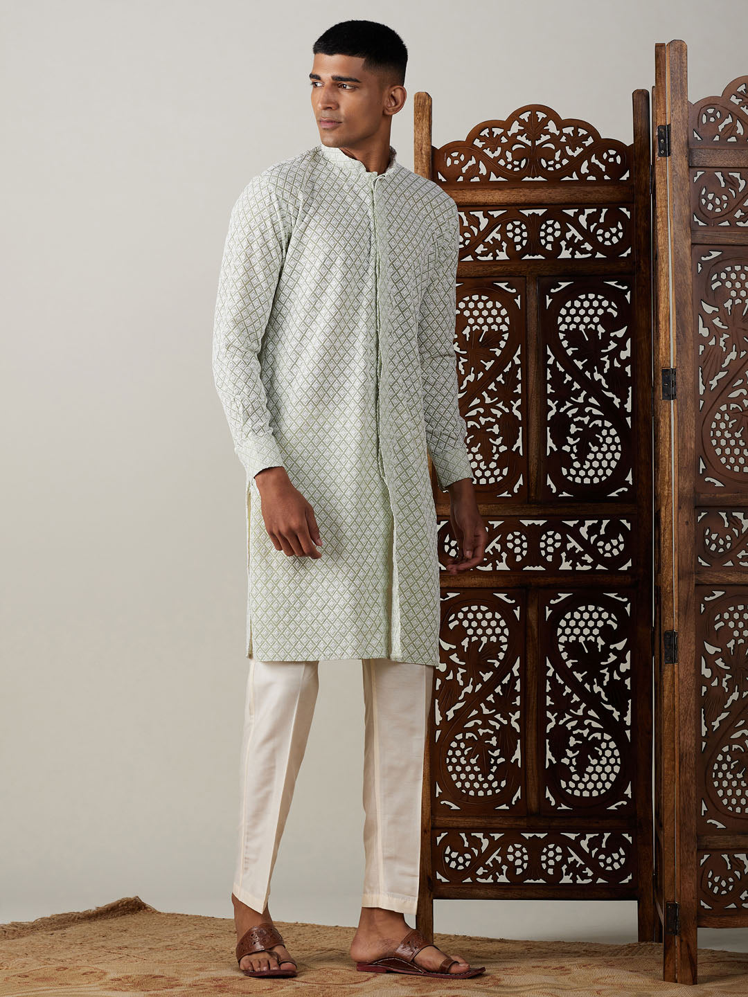 Men's Green Georgette Straight Kurta Pyjama Set