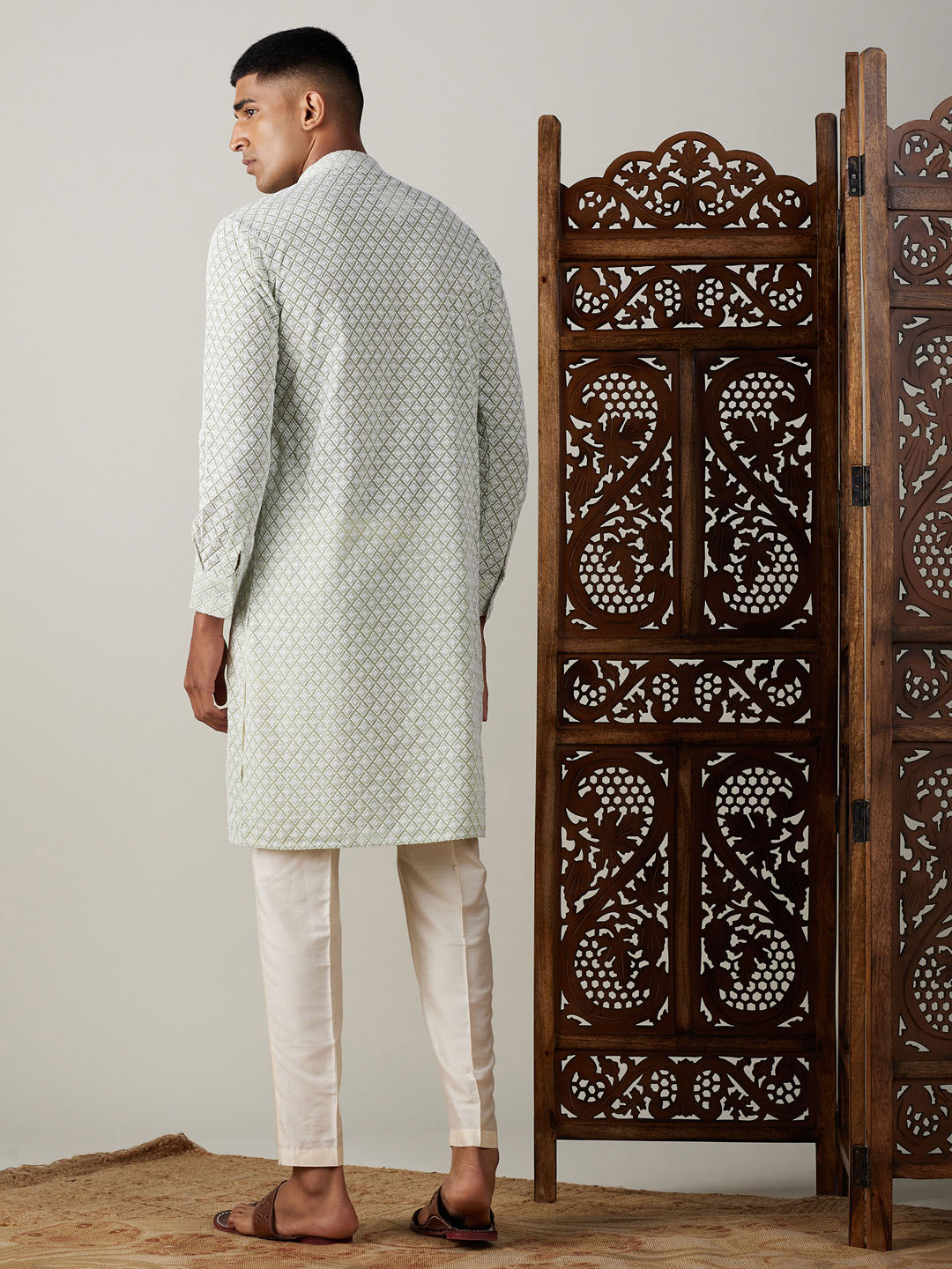 Men's Green Georgette Straight Kurta Pyjama Set