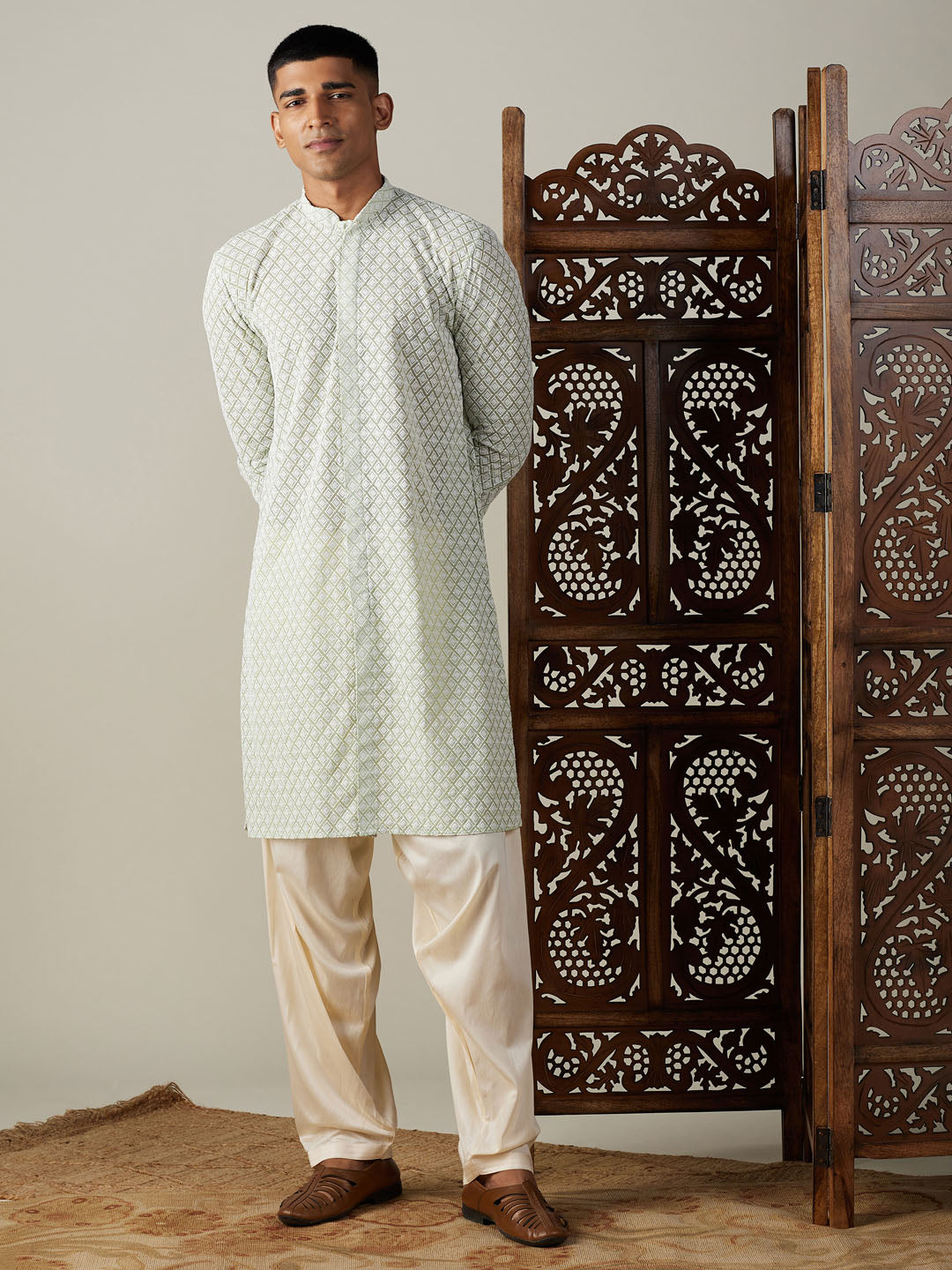 Men's Green Georgette Straight Kurta and Patiala Set
