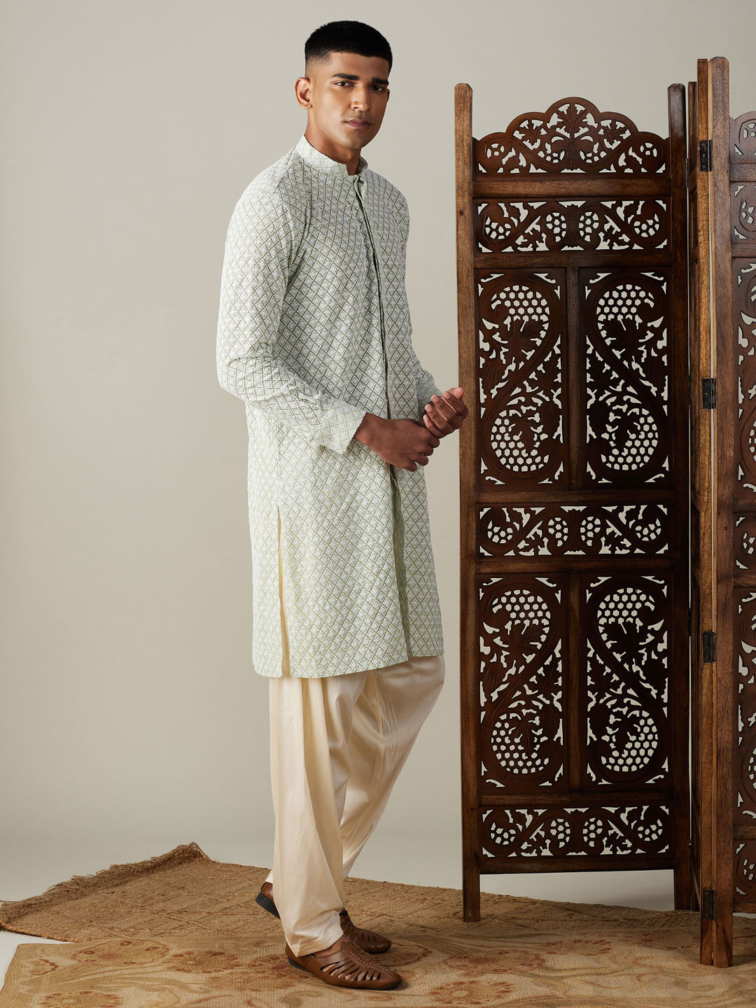 Men's Green Georgette Straight Kurta and Patiala Set