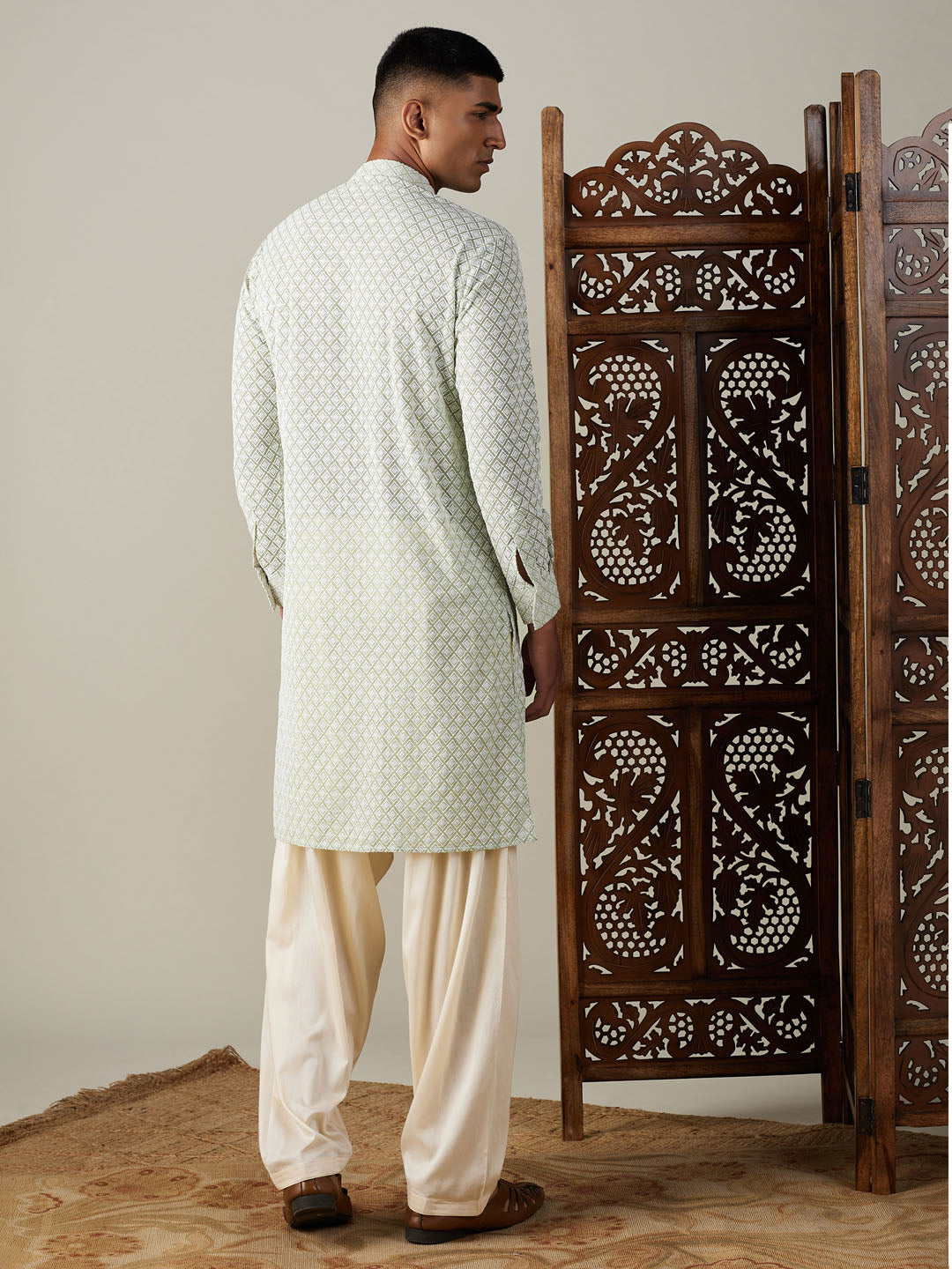 Men's Green Georgette Straight Kurta and Patiala Set