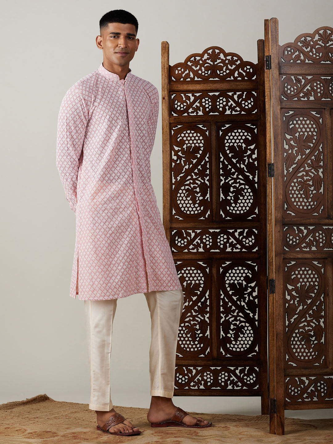 Men's Pink Georgette Straight Kurta Pyjama Set
