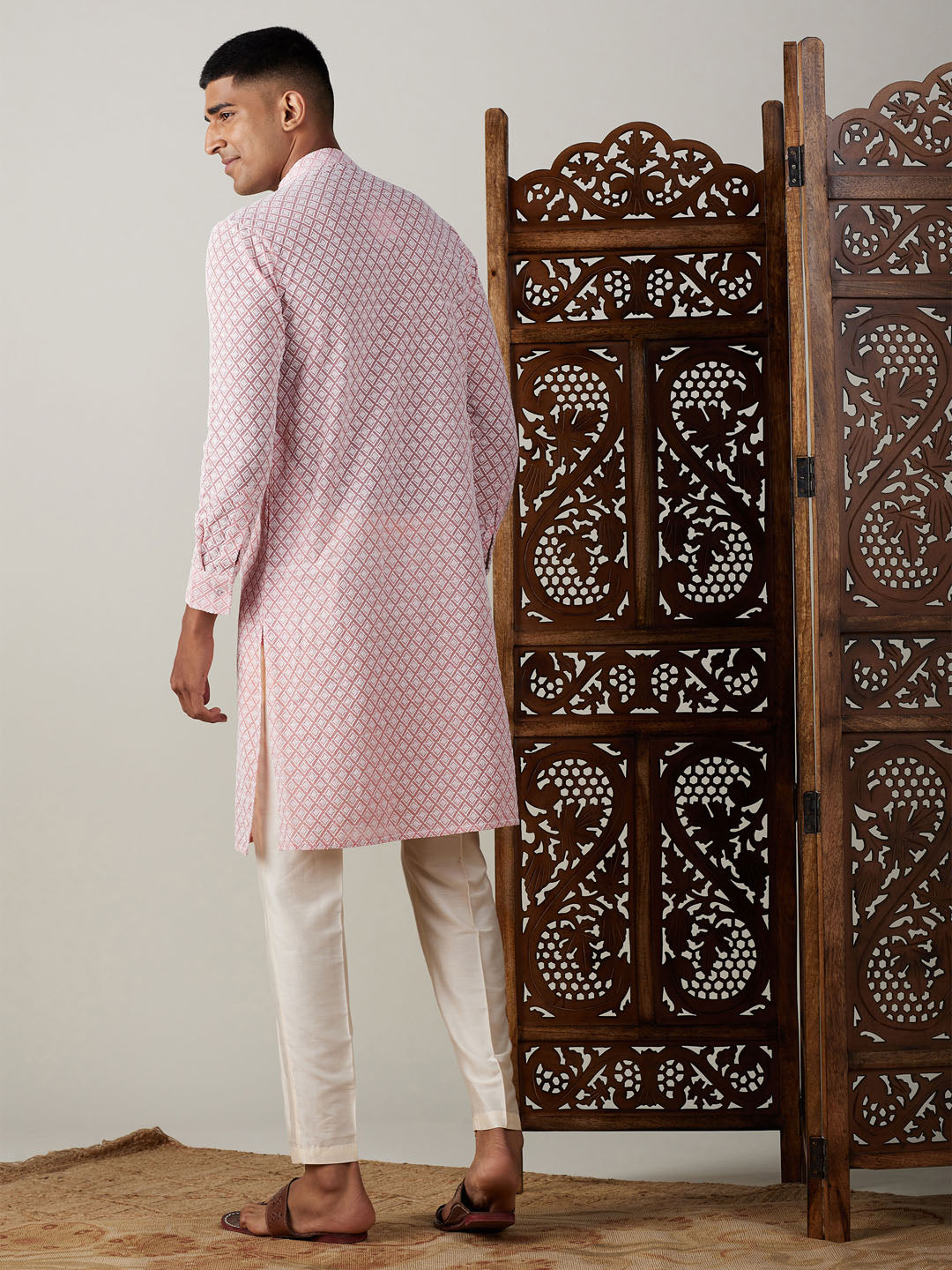 Men's Pink Georgette Straight Kurta Pyjama Set