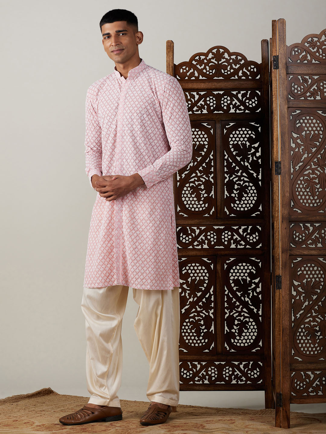 Men's Pink Georgette Straight Kurta and Patiala Set