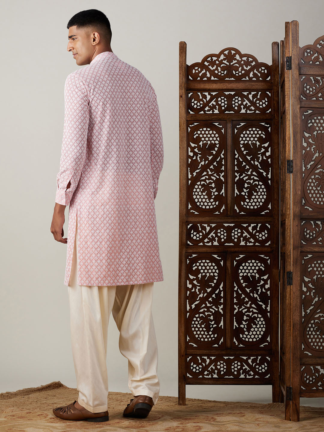 Men's Pink Georgette Straight Kurta and Patiala Set