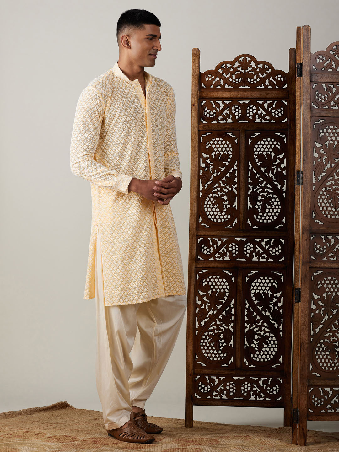 Men's Cream Georgette Straight Kurta and Patiala Set