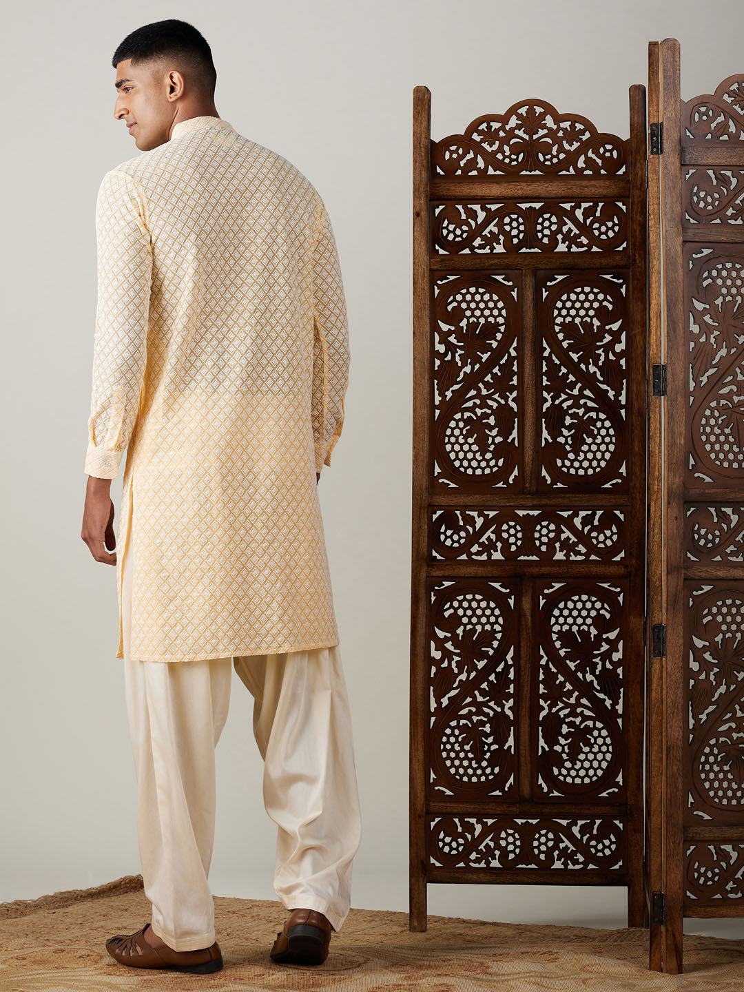 Men's Cream Georgette Straight Kurta and Patiala Set