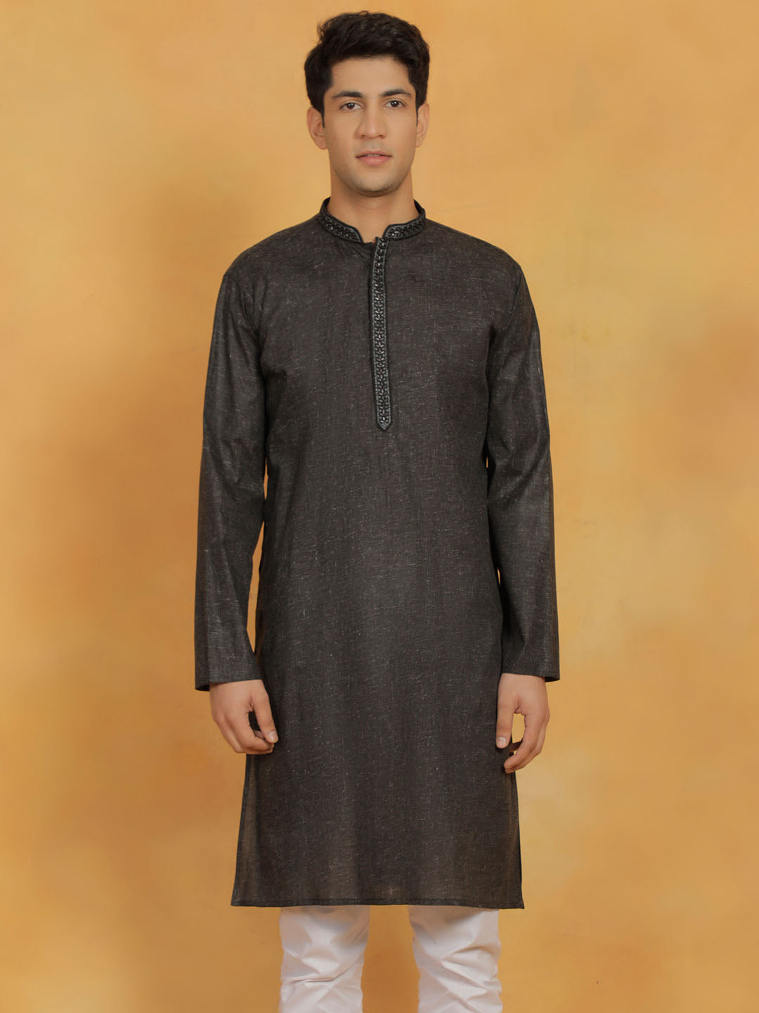 Men's Black Cotton Straight Kurta