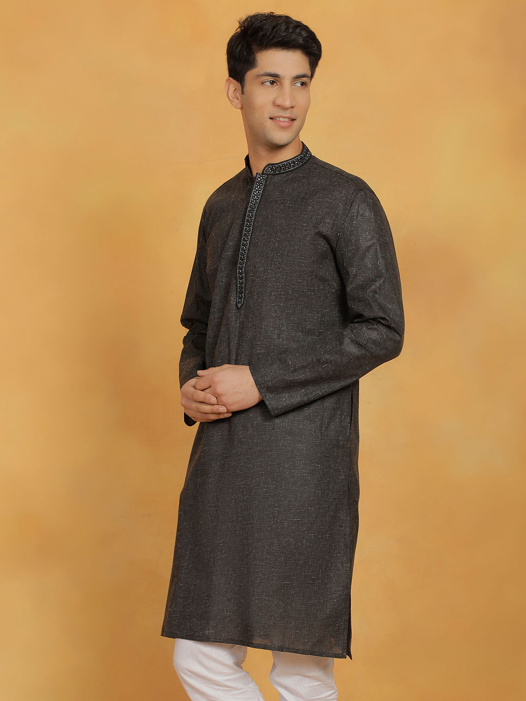 Men's Black Cotton Straight Kurta