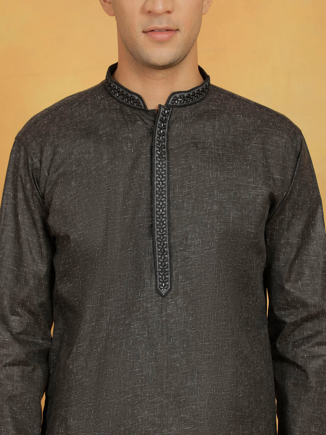 Men's Black Cotton Straight Kurta