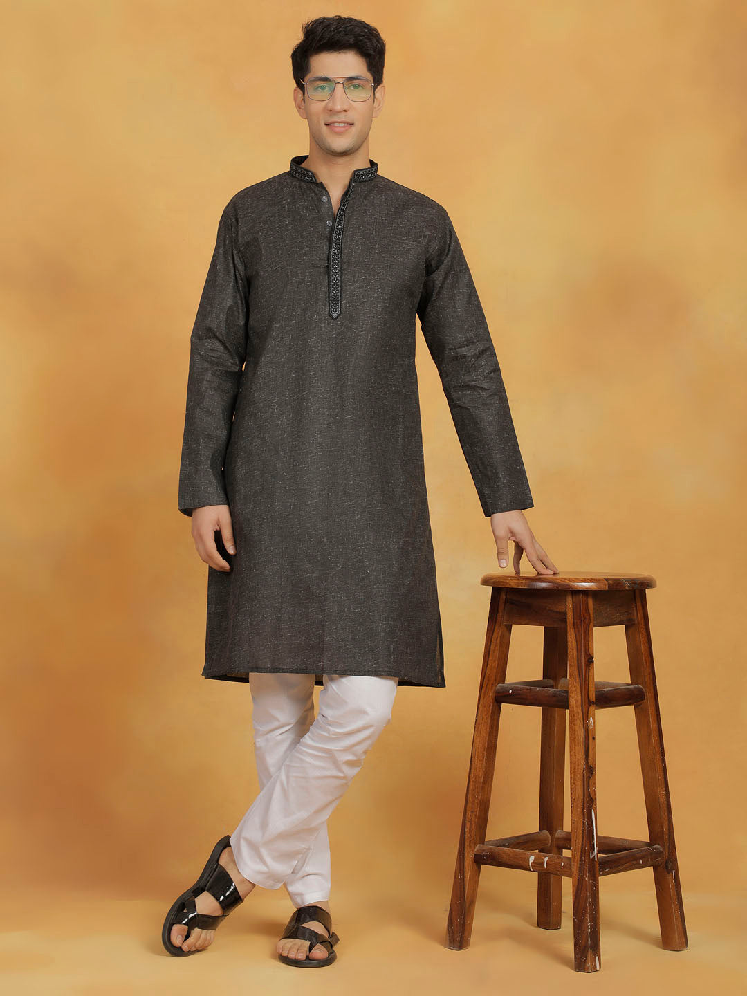 Men's Black Cotton Straight Kurta