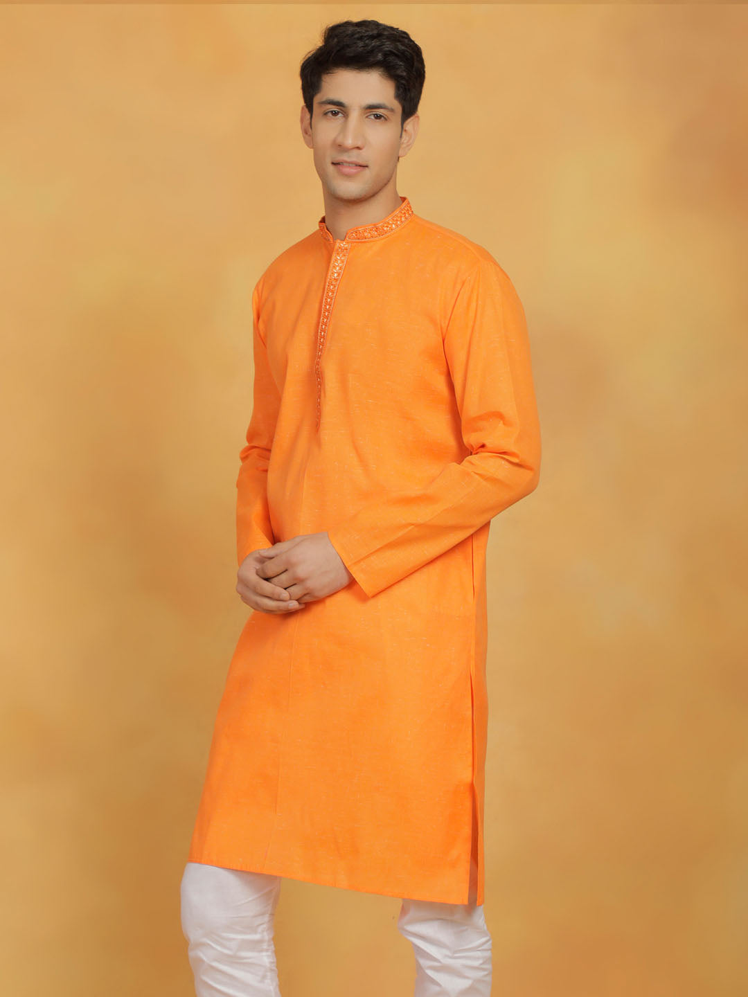Men's Orange Cotton Straight Kurta