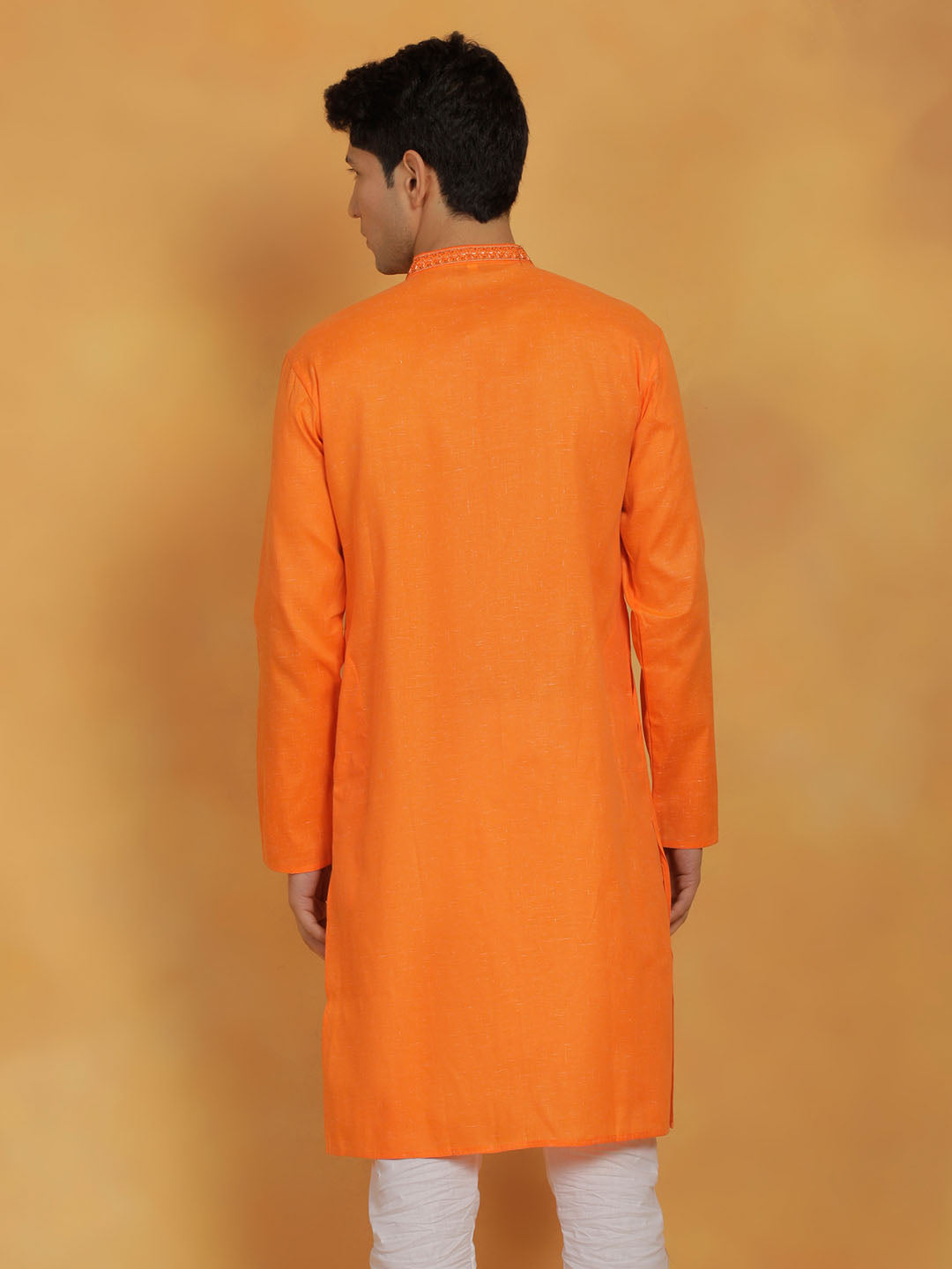 Men's Orange Cotton Straight Kurta