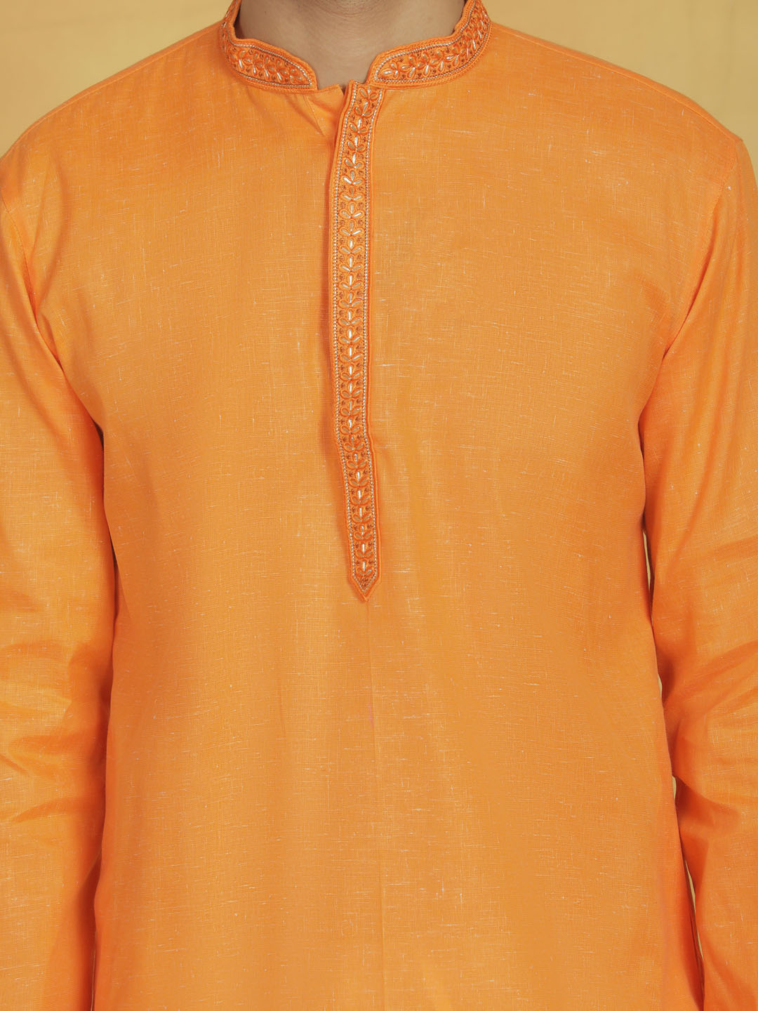 Men's Orange Cotton Straight Kurta