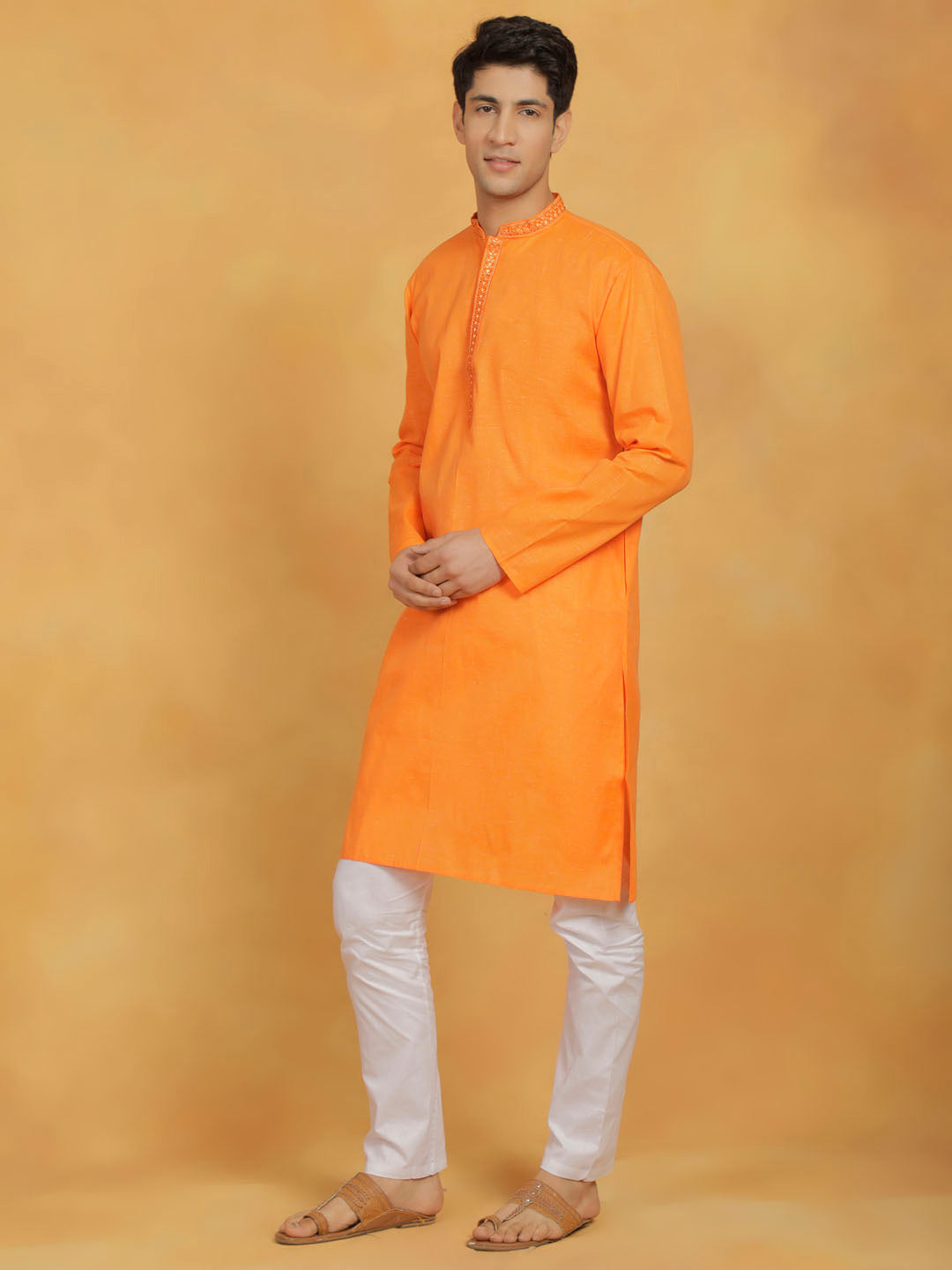 Men's Orange Cotton Straight Kurta Pyjama Set