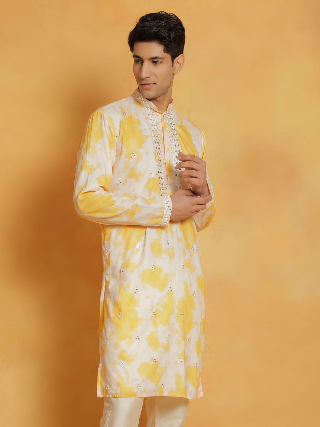 Men's Yellow Cotton Blend Straight Kurta
