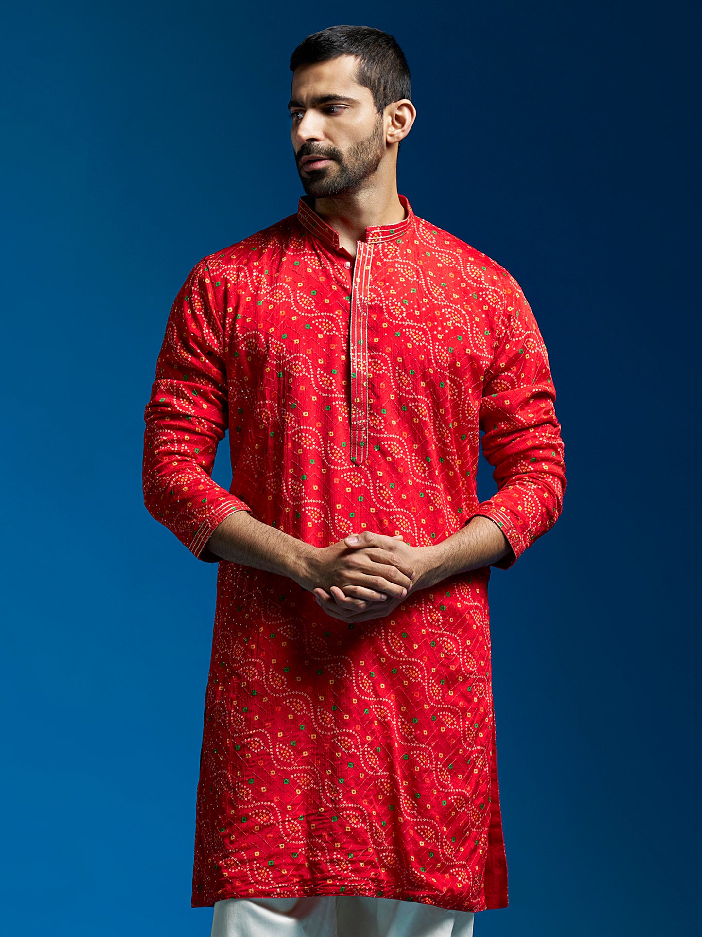 Men's Red Chinon Straight Kurta