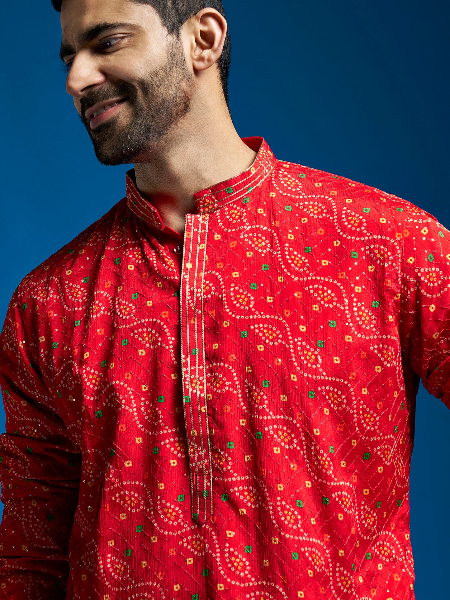 Men's Red Chinon Straight Kurta