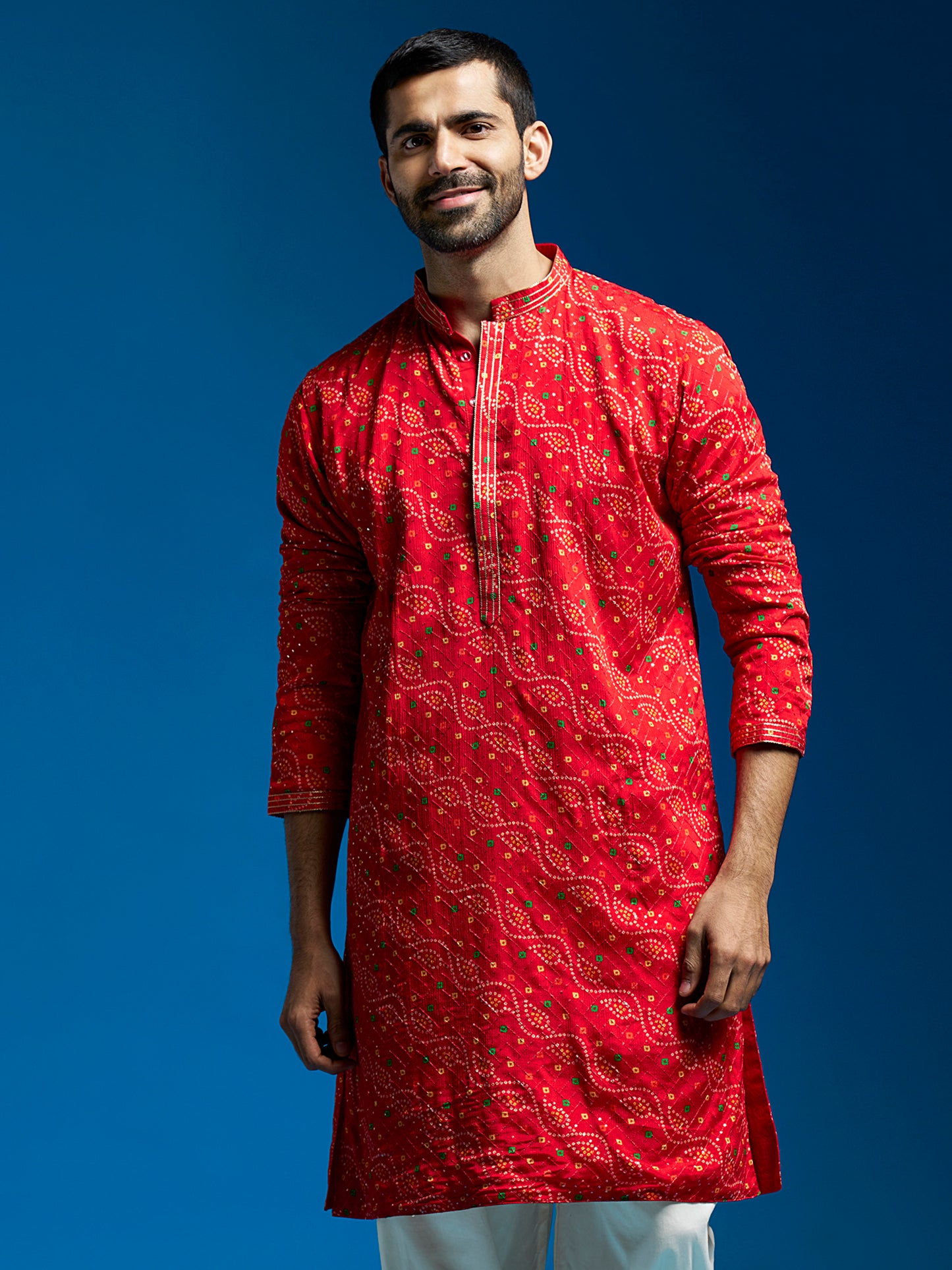 Men's Red Chinon Straight Kurta