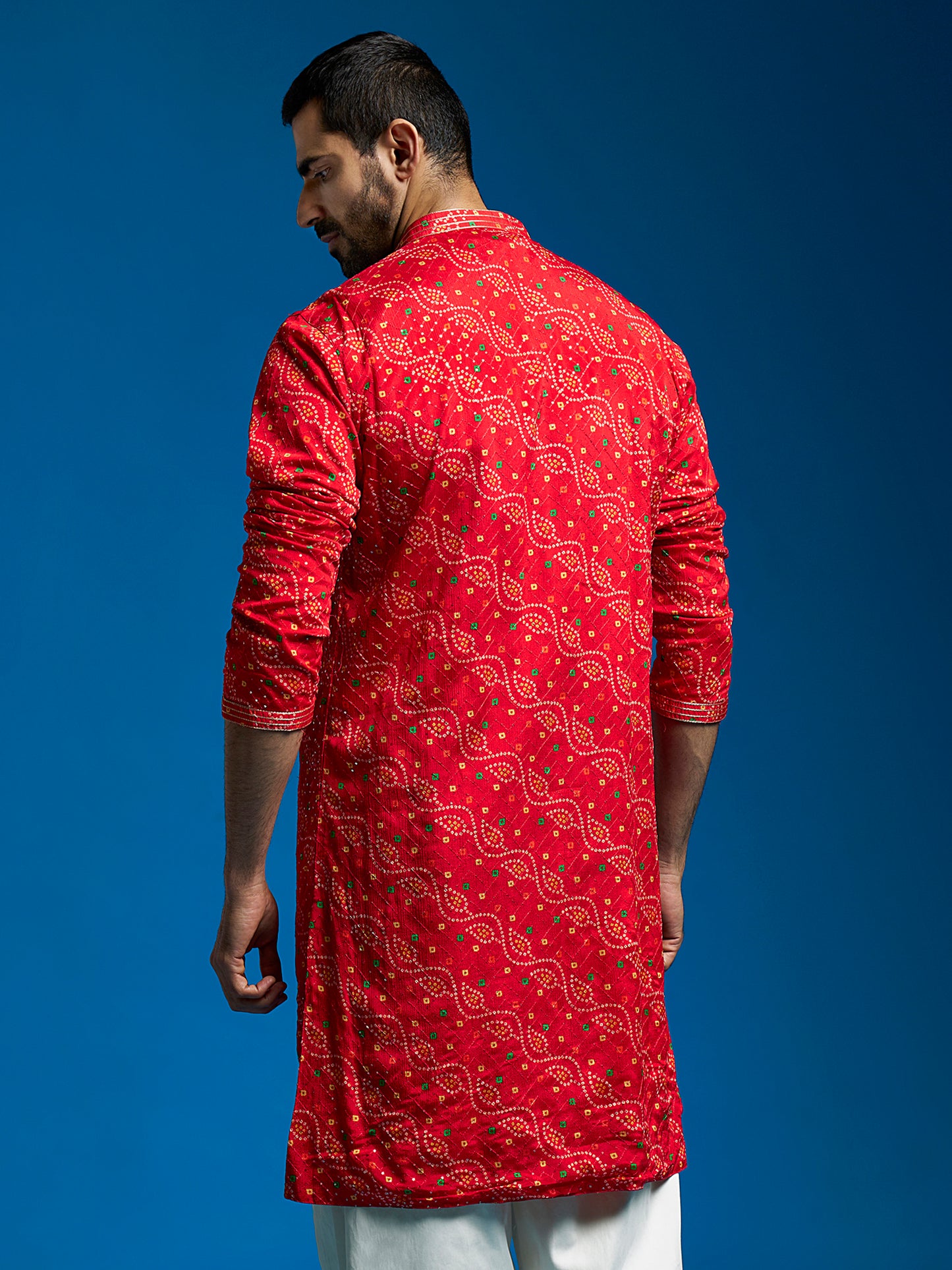 Men's Red Chinon Straight Kurta
