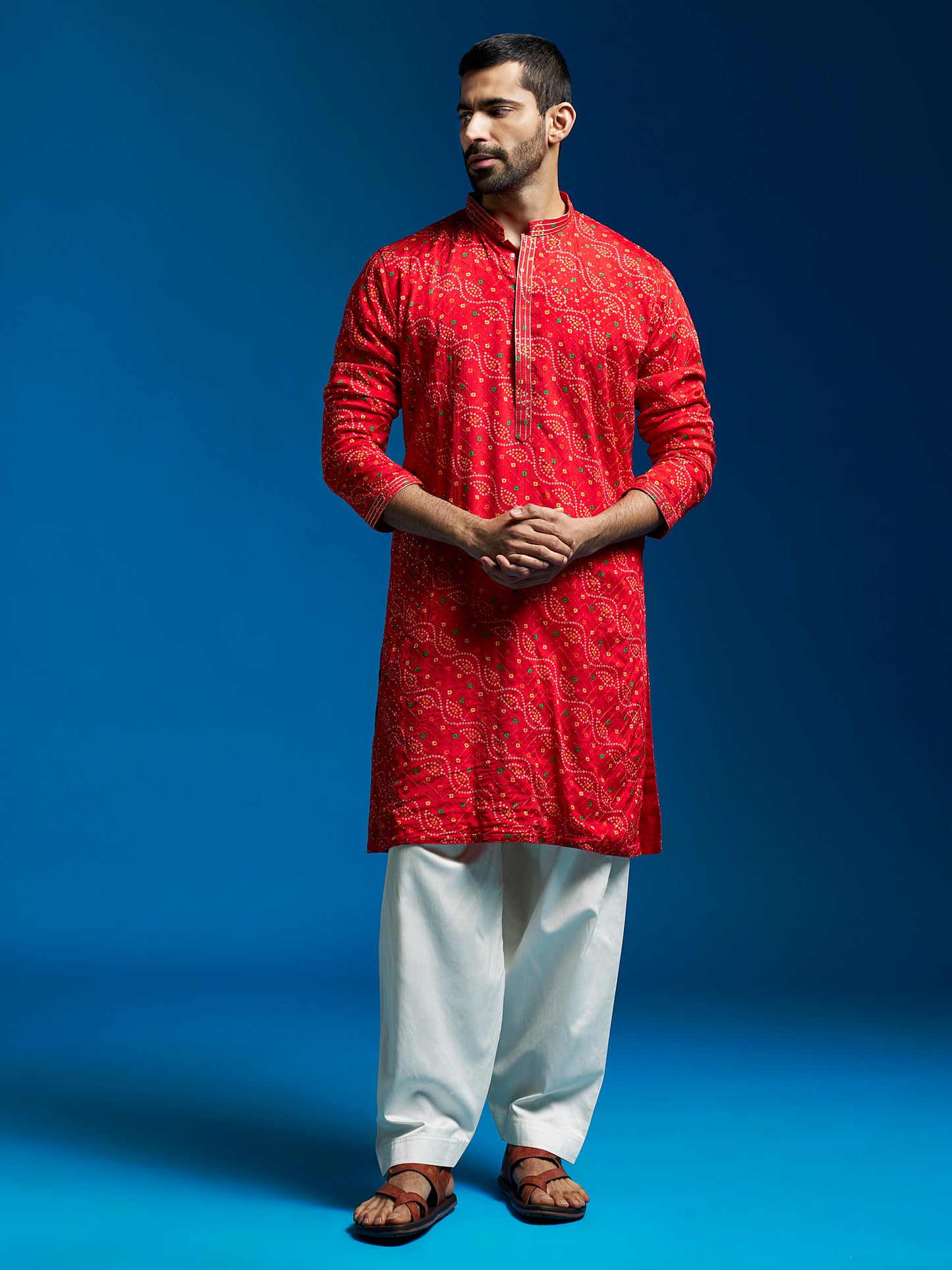 Men's Red Chinon Straight Kurta