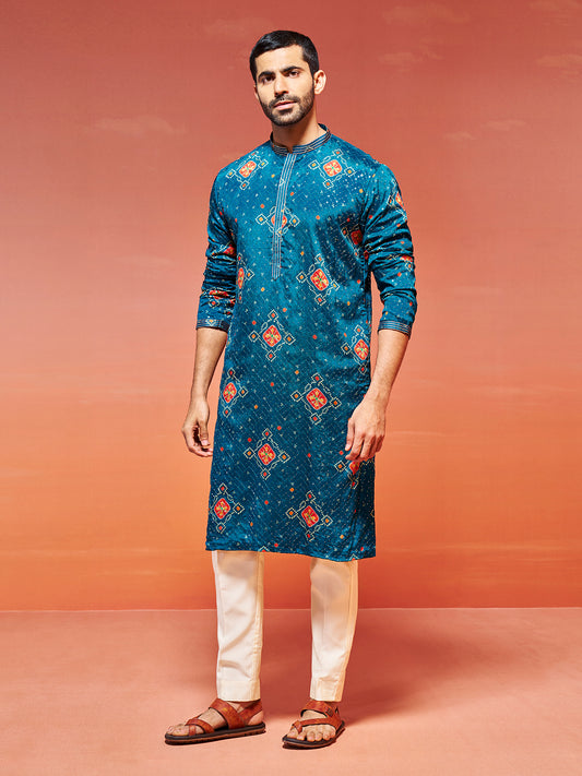Men's Turquoise Chinon Straight Kurta And Pyjama Set.