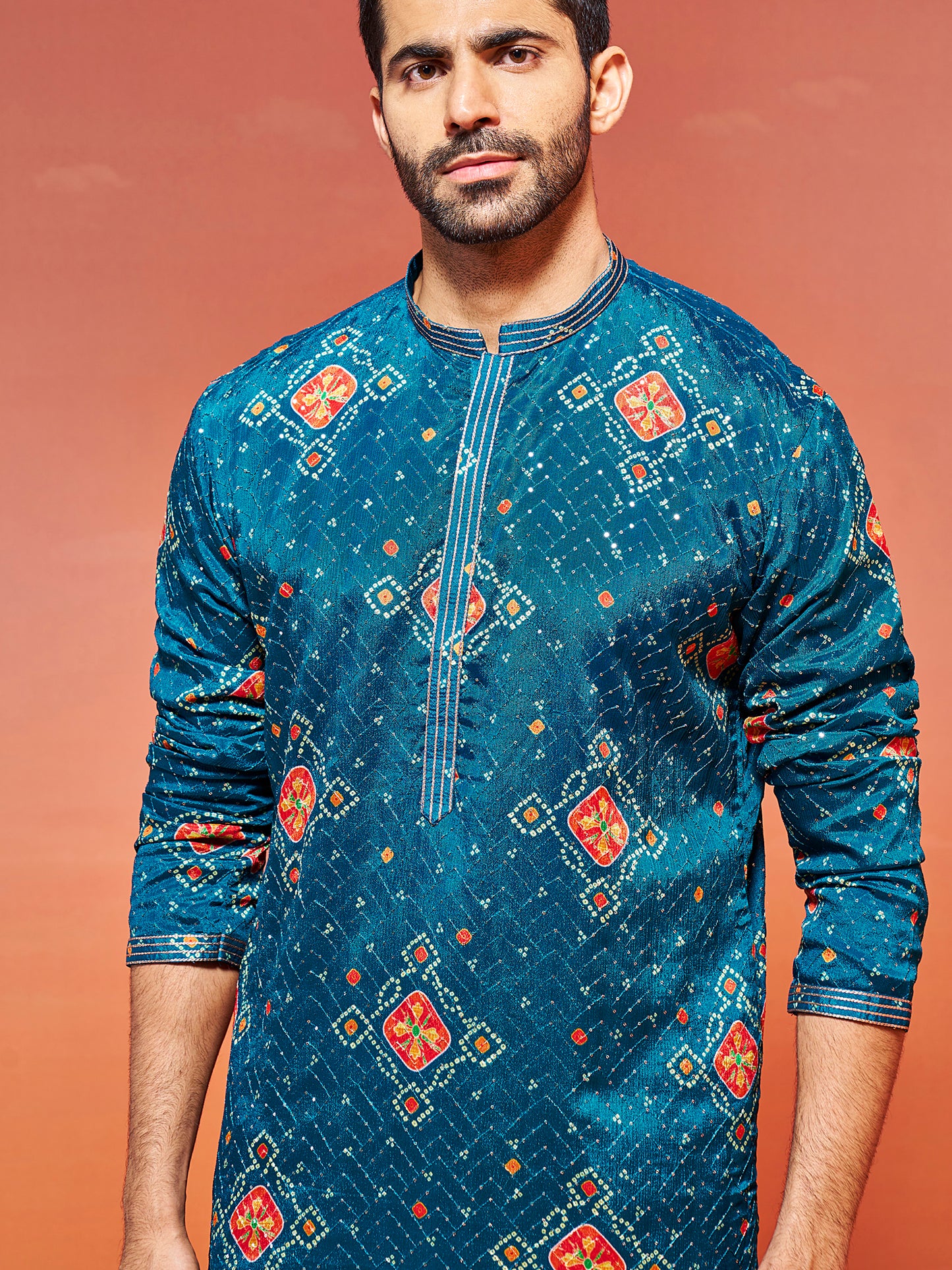 Men's Turquoise Chinon Straight Kurta And Pyjama Set.