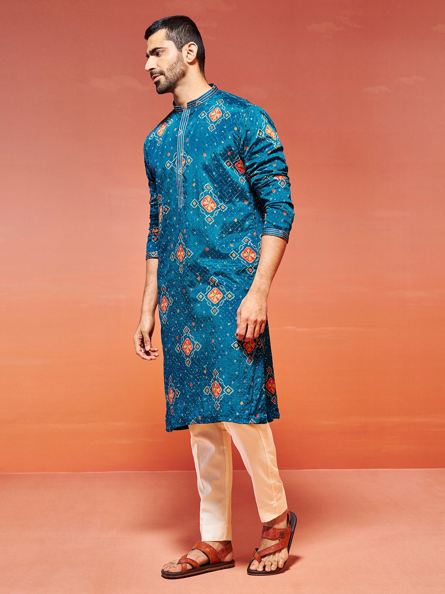 Men's Turquoise Chinon Straight Kurta And Pyjama Set.