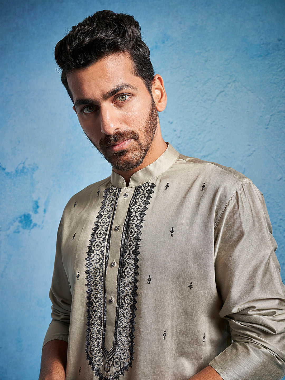 Men's Chiku Silk Blend Straight Kurta And Pyjama Set.